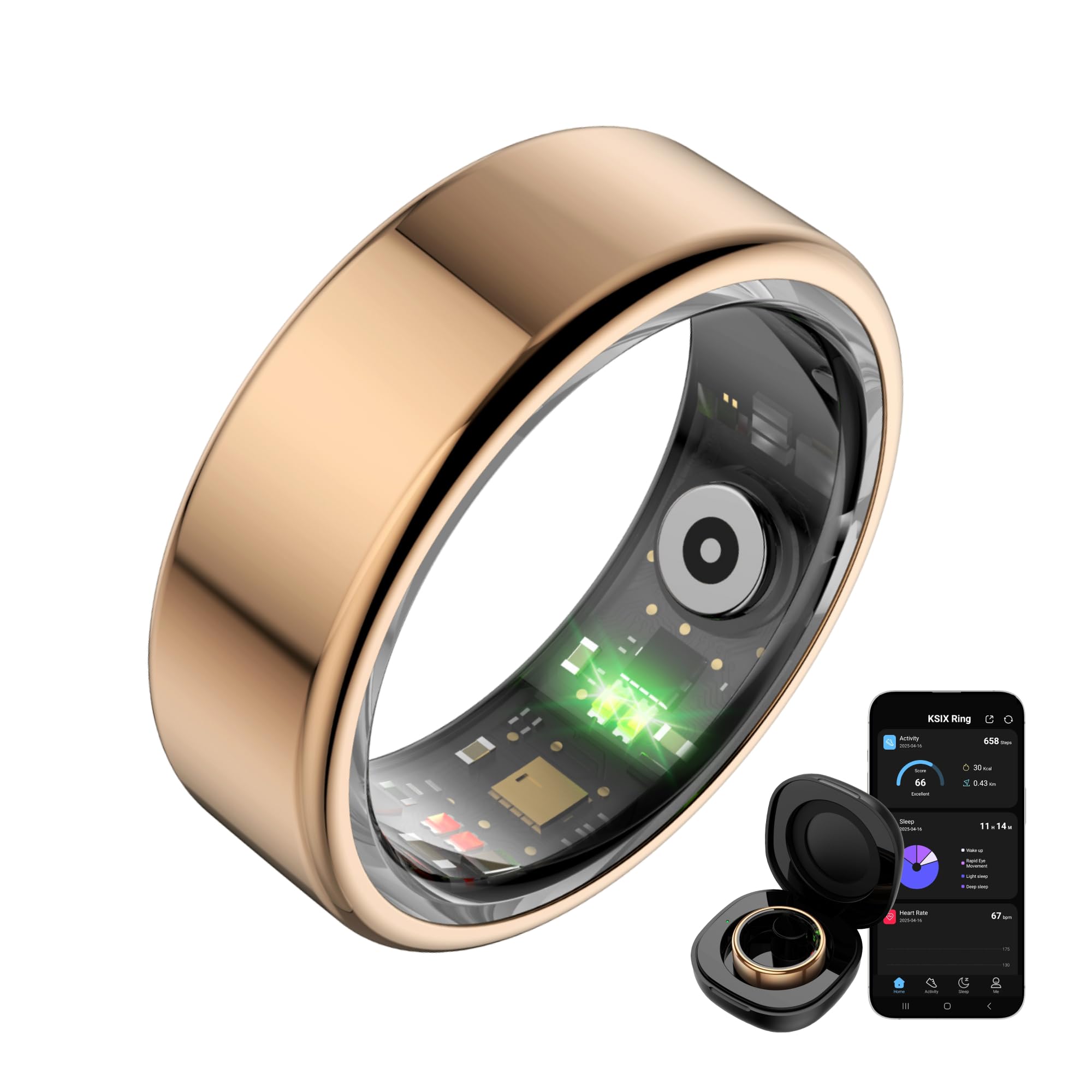 KSIX Saturn Anillo Inteligente Hombre y Mujer con Monitor de Actividad Pasos y Calorías - Smart Ring Que Mide Oxígeno en Sangre, Monitor Cardíaco, Control de Sueño - 3 Días Autonomía - XS - Dorado