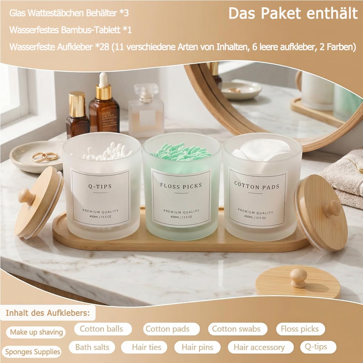 Glas Wattestäbchen Behälter mit Bambus Tablett, 400ml Badezimmer Organizer Set für Wattepads, Zahnseide Sticks, Haargummis & Schminktisch Aufbewahrung, Wattepadspender mit 28 Etiketten (MattWeiß-3er) - 3