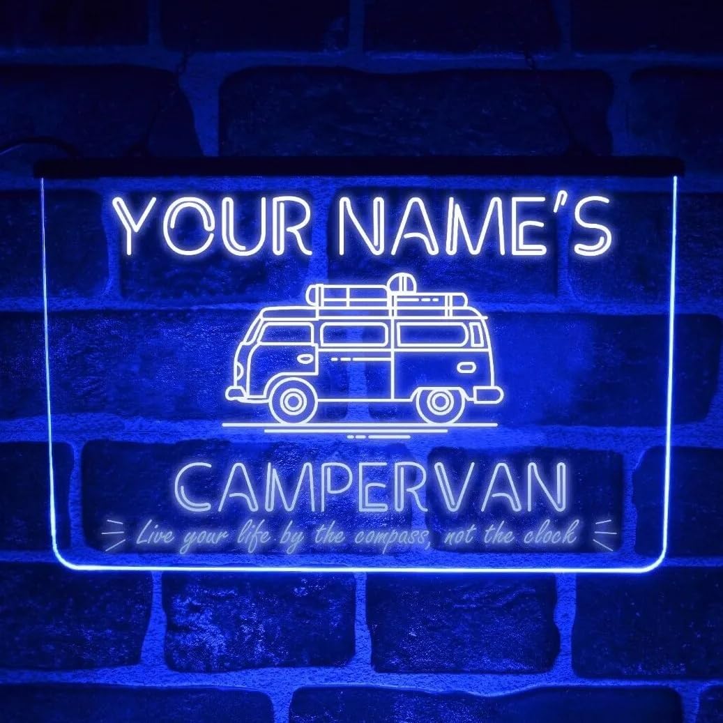 Personalised Campervan Neon LED Sign – Custom Road Trip Light for Windscreen or Dashboard | Vanlife Camper Interior Decoration | Unique Gift for Travel Lovers & RV Owners (USB Powered) (Blue)