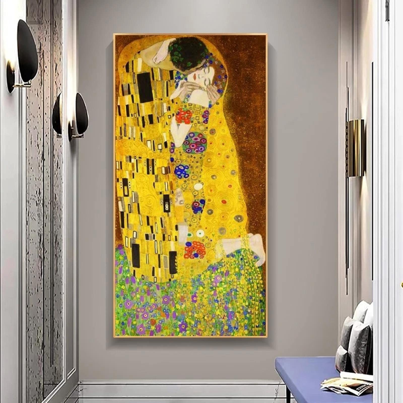 Arte famoso Gustav Klimt El beso Pinturas clásicas Impresión en lienzo Carteles e impresiones Lienzo de pared Imágenes Decoración del hogar 75x150cm Marco interior