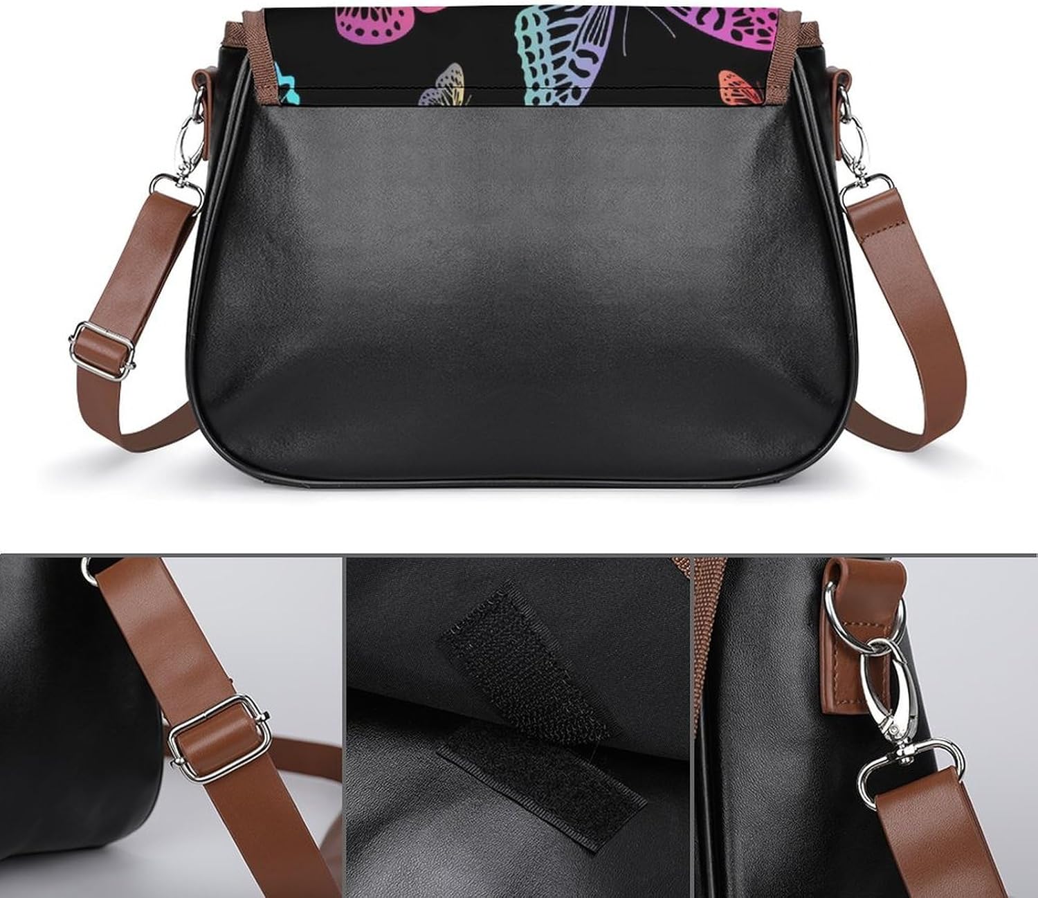 Black Rainbow ButterflyWomen's Faux Leather Crossbody Bag, Waterproof Wrinkle-Resistant Shoulder Bag with Detachable Strap, Large Capacity Casual Handbag, Fashion Daily Purse for Shopping Work Dating,