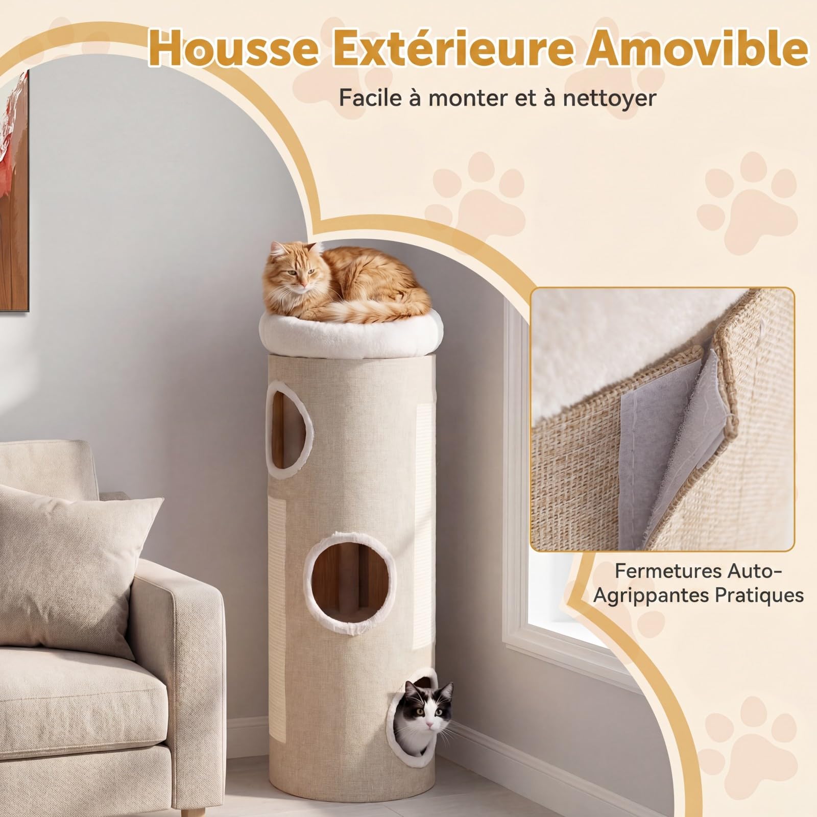 GYMAX Griffoir Dome 113cm avec Perchoir Souple, Tonneau à Griffer pour Chats, avec 3 Entrées, 2 Panneaux en Sisal à Gratter, Tissu Respirant, Matériau Intérieur Naturel