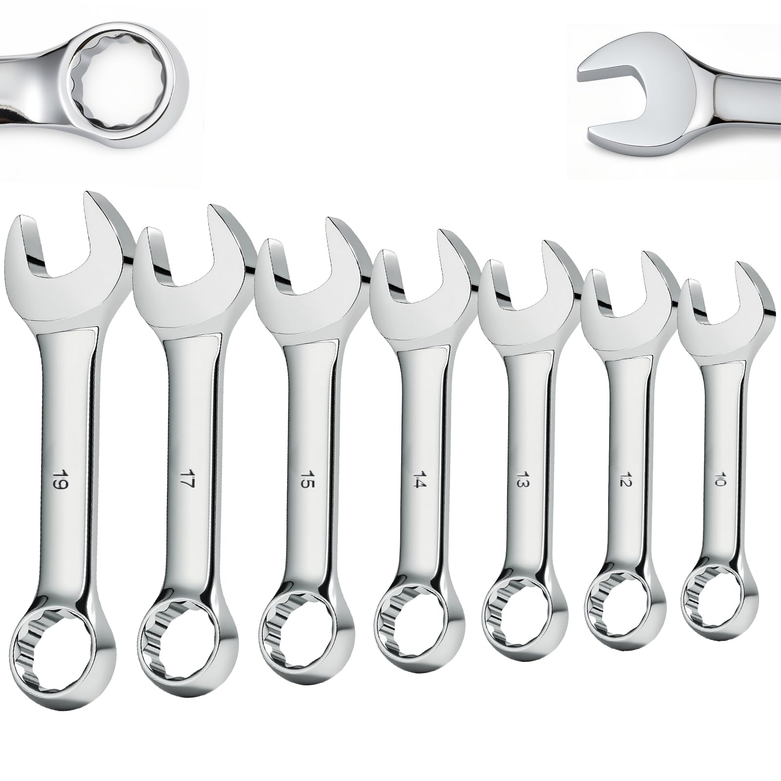 TIBOO DAY Combination Wrench, 10mm 12mm 13mm 14mm 15mm 17mm 19mm Metric Mini Stubby Combination Wrenches, 12 Point Box End Stubby Wrench with Short Length and Slim Body for Confined Areas, 7 Pcs
