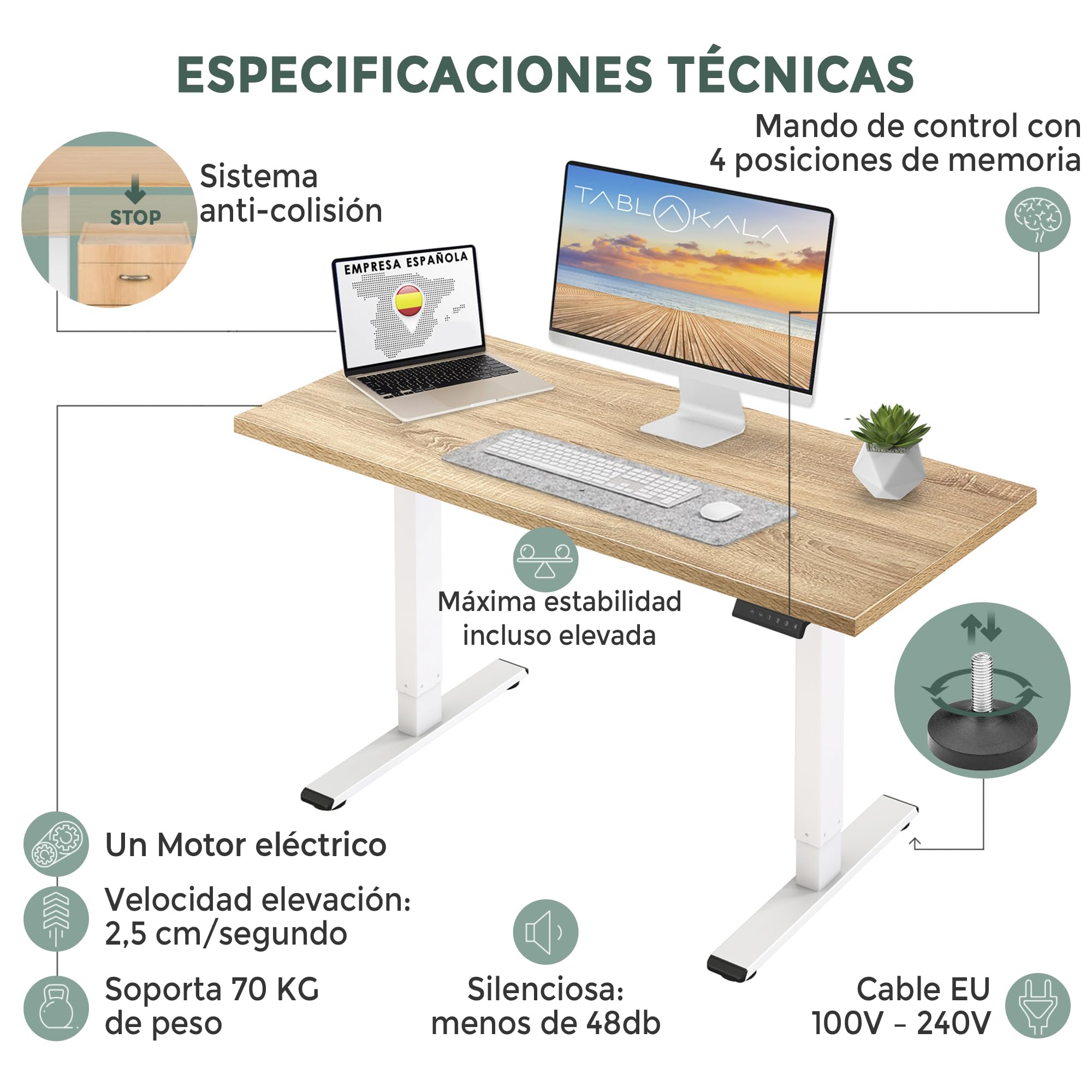 Escritorio Elevable Eléctrico | Tablero 140x70 cm Roble | Patas Blancas | Ajustable en Altura 71-121 cm | Standing Desk Ergonómico, Mesa Elevable