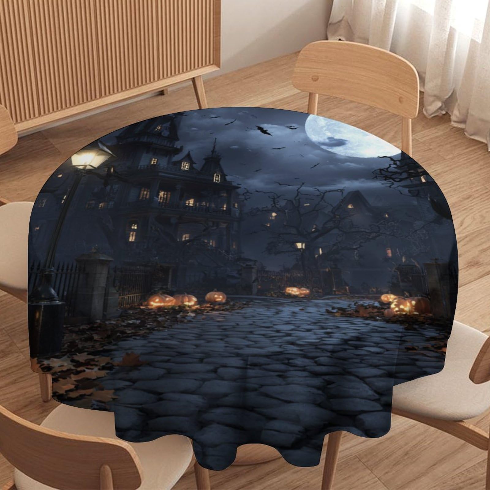 Luyysky Classic Gothic Horror Castle Waterproof Round Tablecloth Beautiful Oil Painting Halloween Full Moon Pumpkin Animals Bats Washable Table Cover For Kitchen-127 Wx127 L Cm