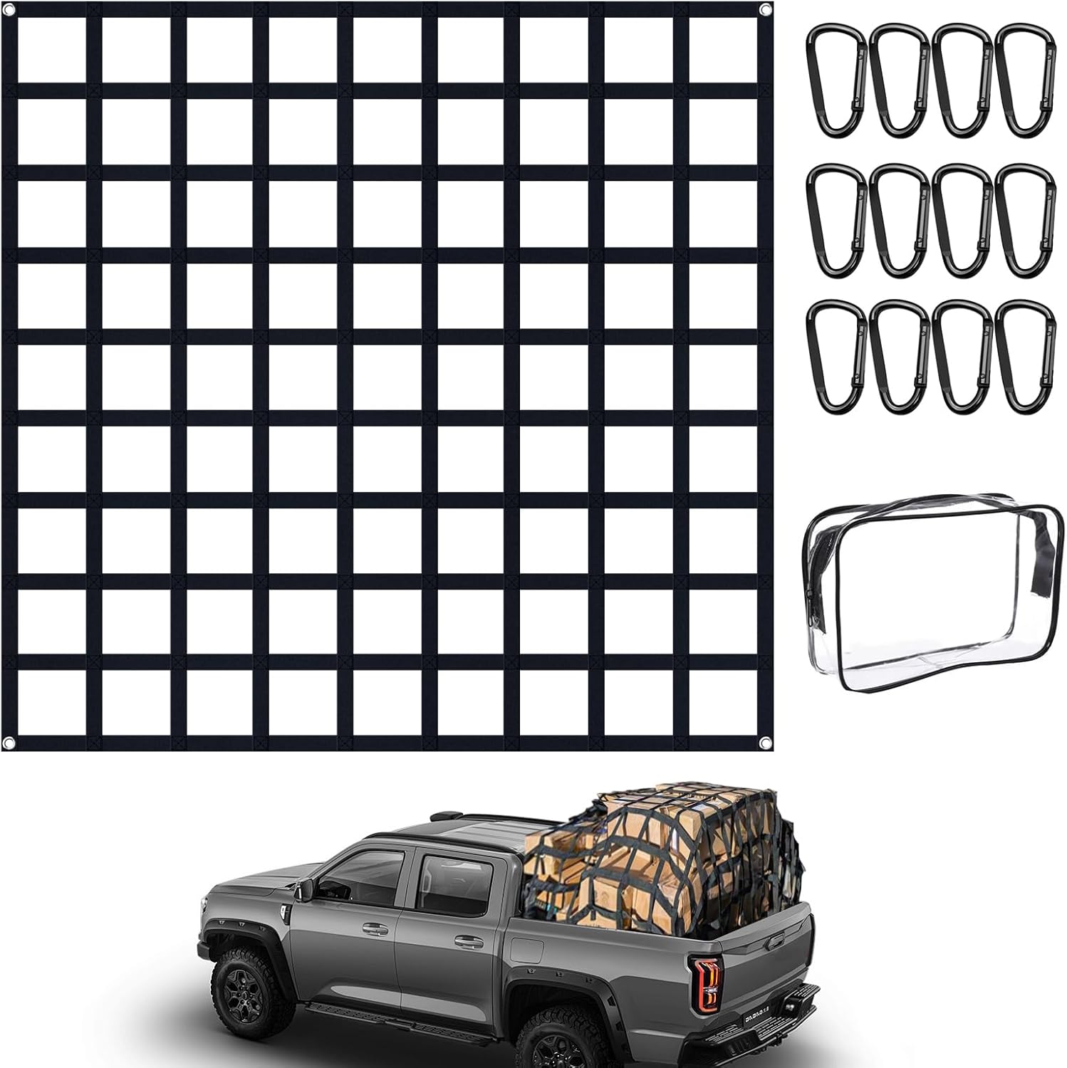 Flat Bungee Cargo Net for Pickup Truck Bed, Highly Elastic 4' x 4' Stretches to 9.5' x 9.5', 25mm mesh Width, 12 Carabiner Hooks, 4 Strong Metal Grommet, Compatible with Toyota, Ford, Chevy, Dodge RAM