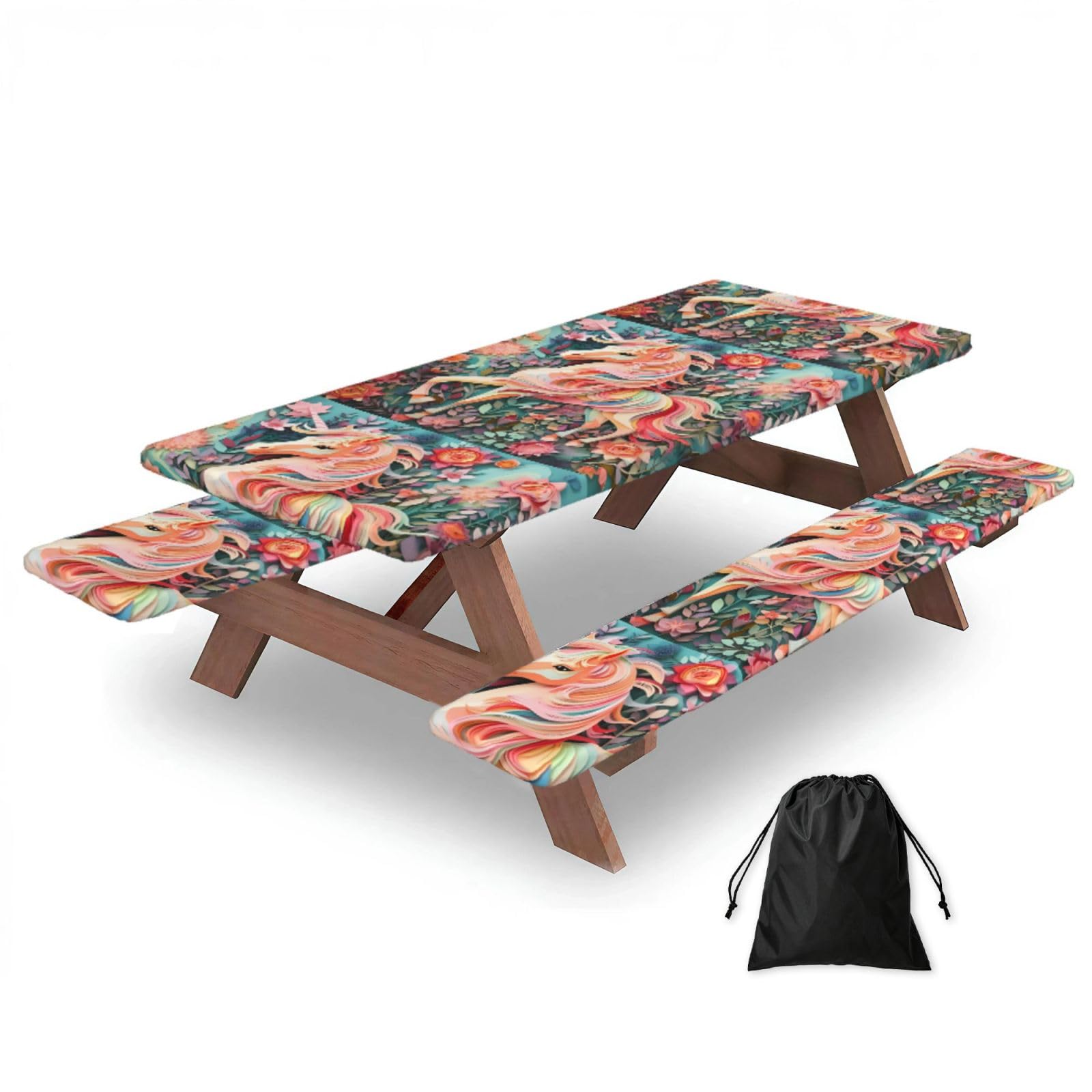 Hhbiuuo Black 72In Camping Table Cover & Bench Covers 3-Pack Set, Pink Paper Cut Unicorn Print Tablecloths, For Rectangle Tables Picnic