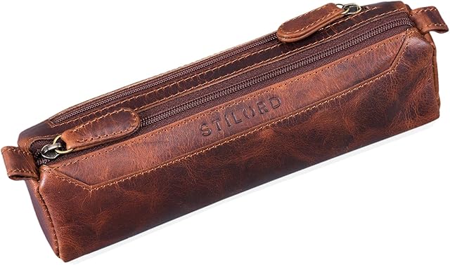STILORD 'Jim' Leather Pencil Case Zipped Vintage Pen Holder Pouch for Women Men Stationary Slim Pencil Box in Genuine Leather, Colour:Kara - Cognac