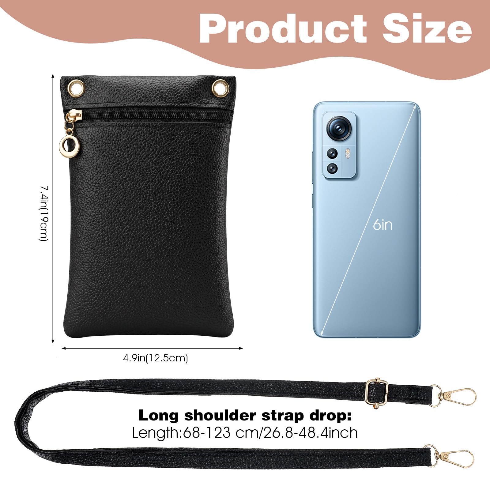 Torebka na telefon komórkowy, mała torba na telefon ze skóry PU, z paskiem crossbody, portfel na telefon crossbody, torebka na zakupy na zewnątrz, czarna