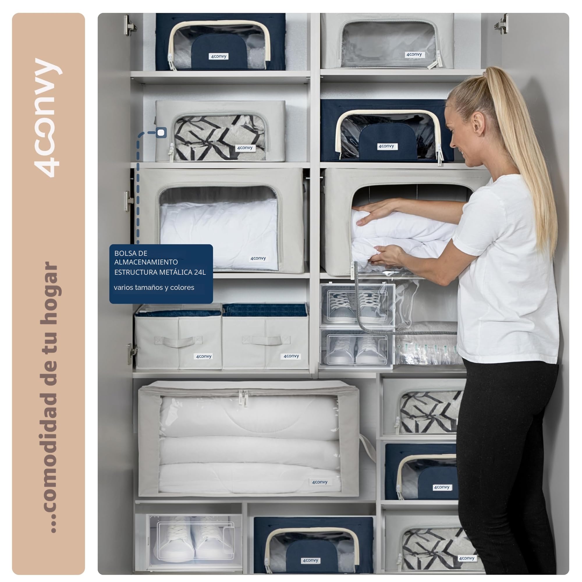 4CONVY Cajas de Almacenaje de Ropa para Armario con Cremallera y Estructura Metálica - Cajas Organizadoras Rígidas Apilables - Bolsas de Almacenaje para Ropa, Mantas, Edredones, Colchas - 2x24L