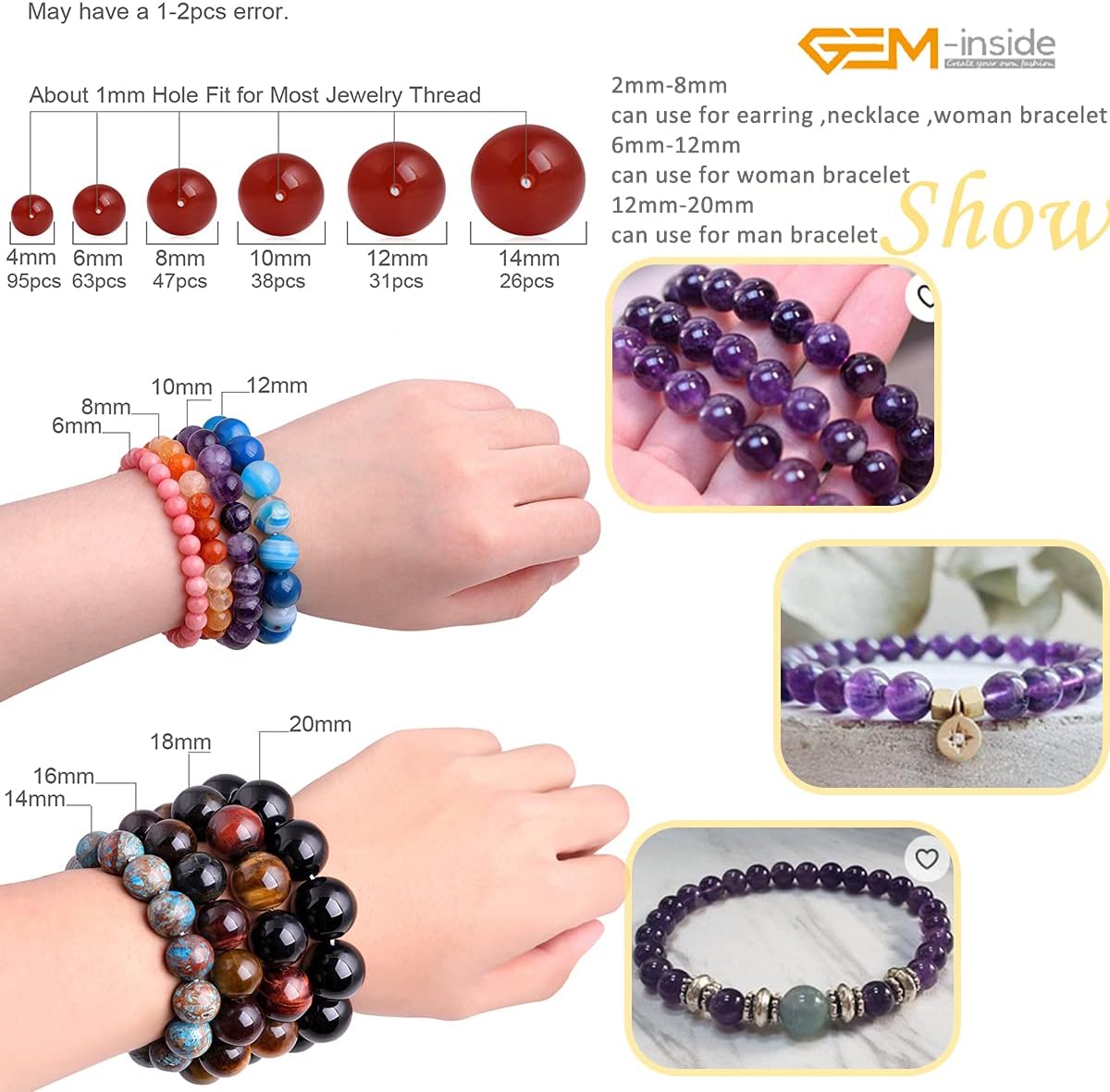 GEM-Inside Natural 12mm Amethyst Gemstone Loose Beads Purple Crystal Round Energy Stone Handmade Beads for Jewelry Making Jewelry Beading Supplies for Women