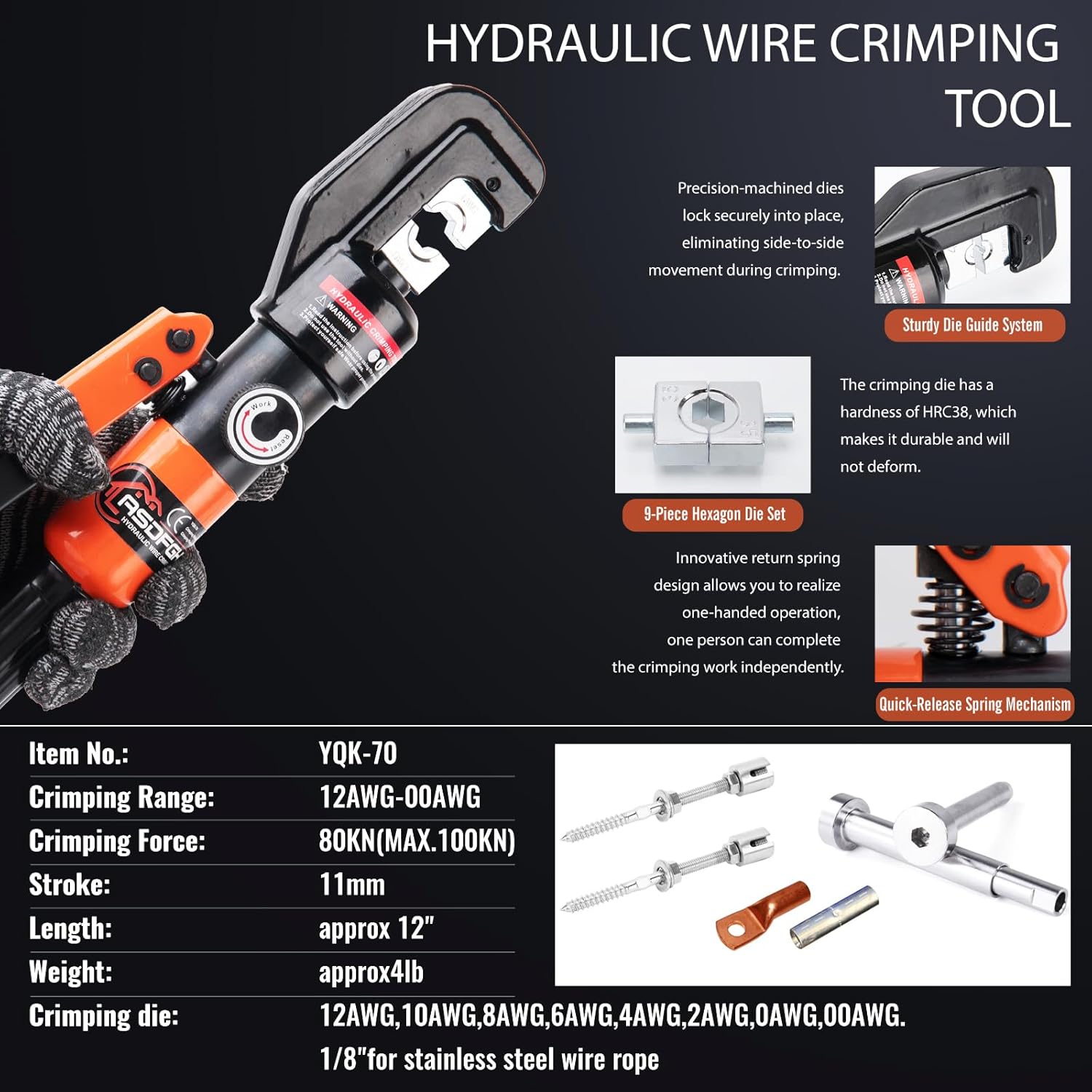 Hydraulic Crimping Tool, Hydraulic Hand Crimper Tool & Cable Cutter Kit | Compatible with 1/16" to 3/16" Stainless Steel Cable | Includes 9 Dies for 12 AWG to 2/0 Gauge Wires