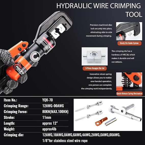 Hydraulic Crimping Tool, Hydraulic Hand Crimper Tool & Cable Cutter Kit | Compatible with 1/16 to 3/16 Stainless Steel Cable | Includes 9 Dies for 12 AWG to 2/0 Gauge Wires