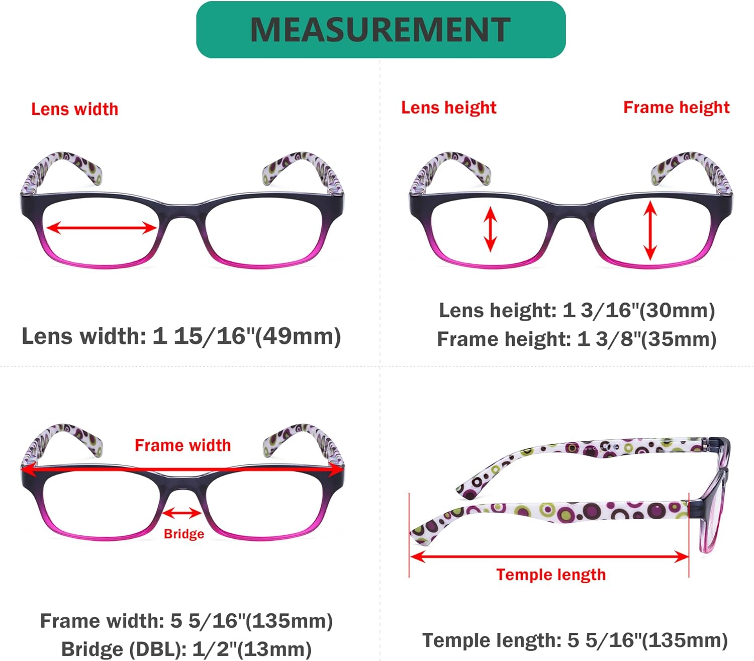 Eyekepper 4 Pack Reading Glasses with Polka Dots Patterned Temples Fashion Readers for Women +1.25