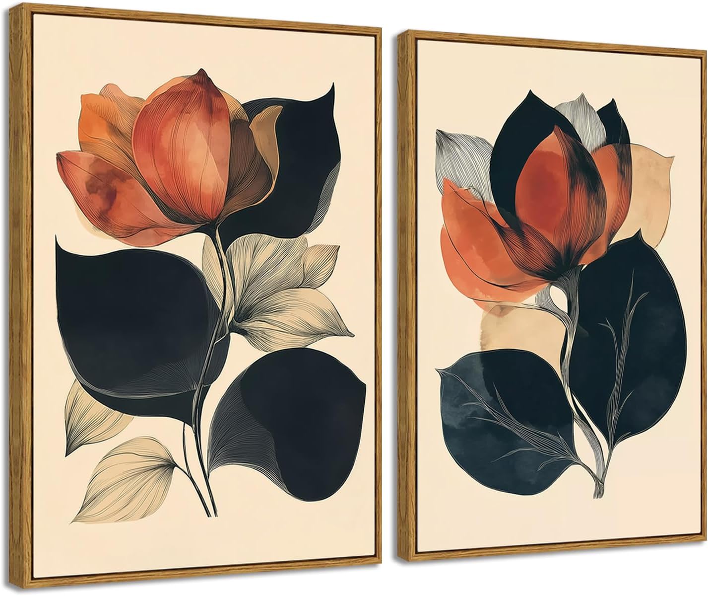 Framed 2pcs Boho Flower Wall Art Orange and Black Abstract Floral Canvas Mid Century Modern Wall Decor Botanical Prints Posters Pictures for Living Room Bedroom Home Decor 24"x16"x2