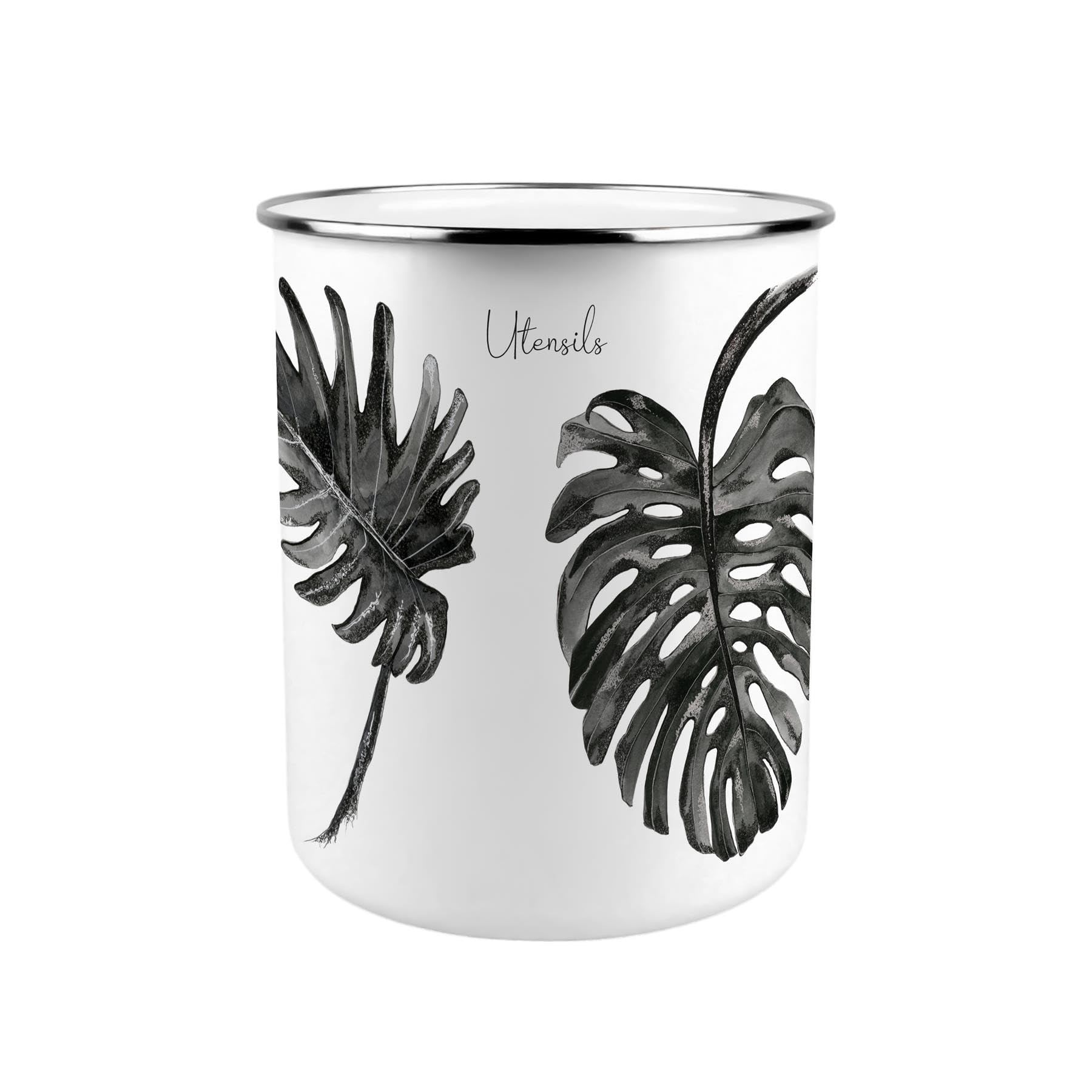 Purely Home Painted Leaves Metal Utensil Holder - XL Kitchen Utensil Pot/Organiser for Countertop Decor Gift 18x16.5cm