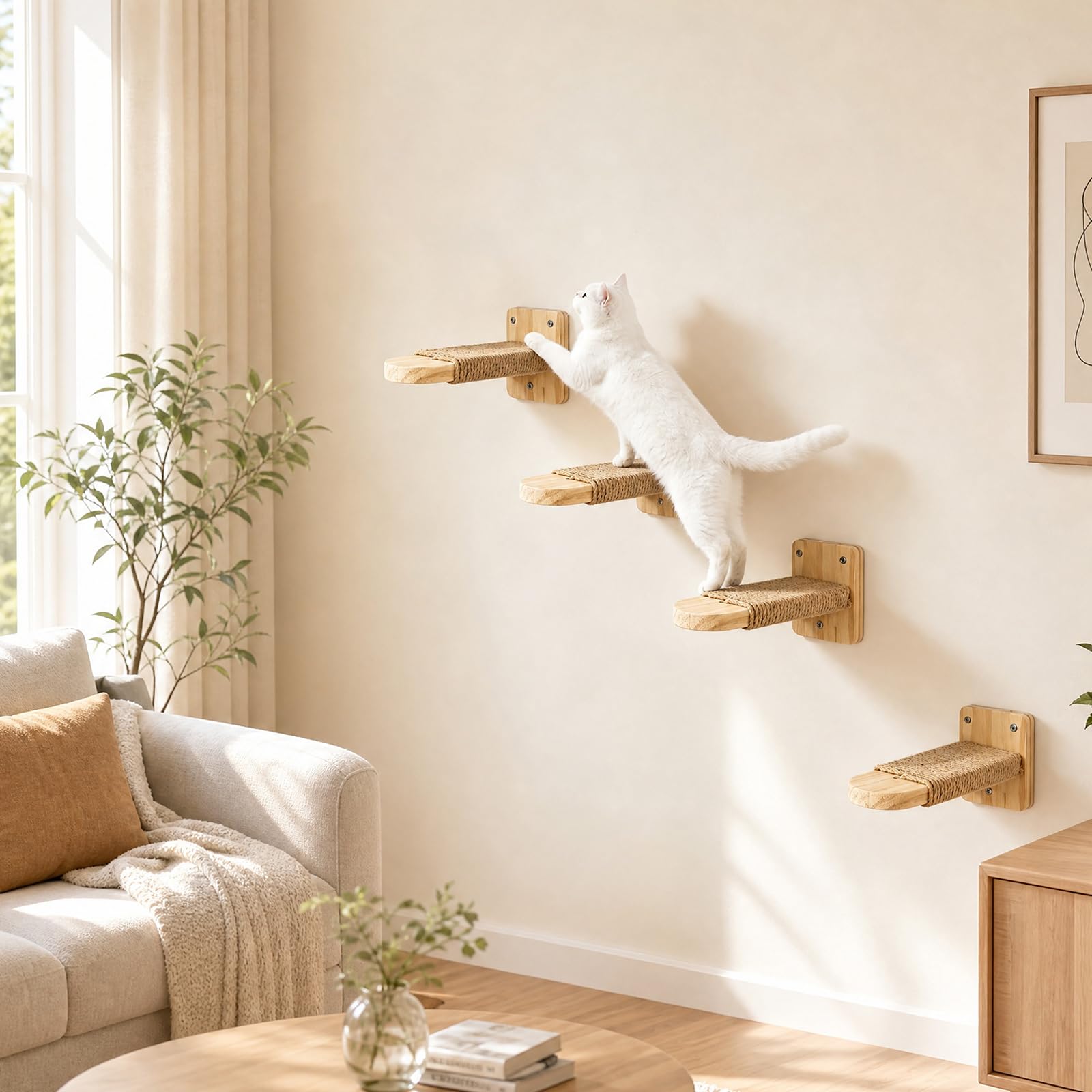 Katzentreppe Wand 4 Stück, Kletterwand Katzen mit Juteseil zum Kratzen, Katzen Kletterwand Set, Katzenmöbel Wand für Katze Klettern Spielen