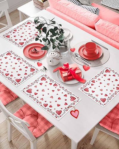 Vista 809 de Juego de 6 manteles individuales rojos para el día de San Valentín, diseño de corazón de San Valentín, resistentes al calor, lavables, manteles