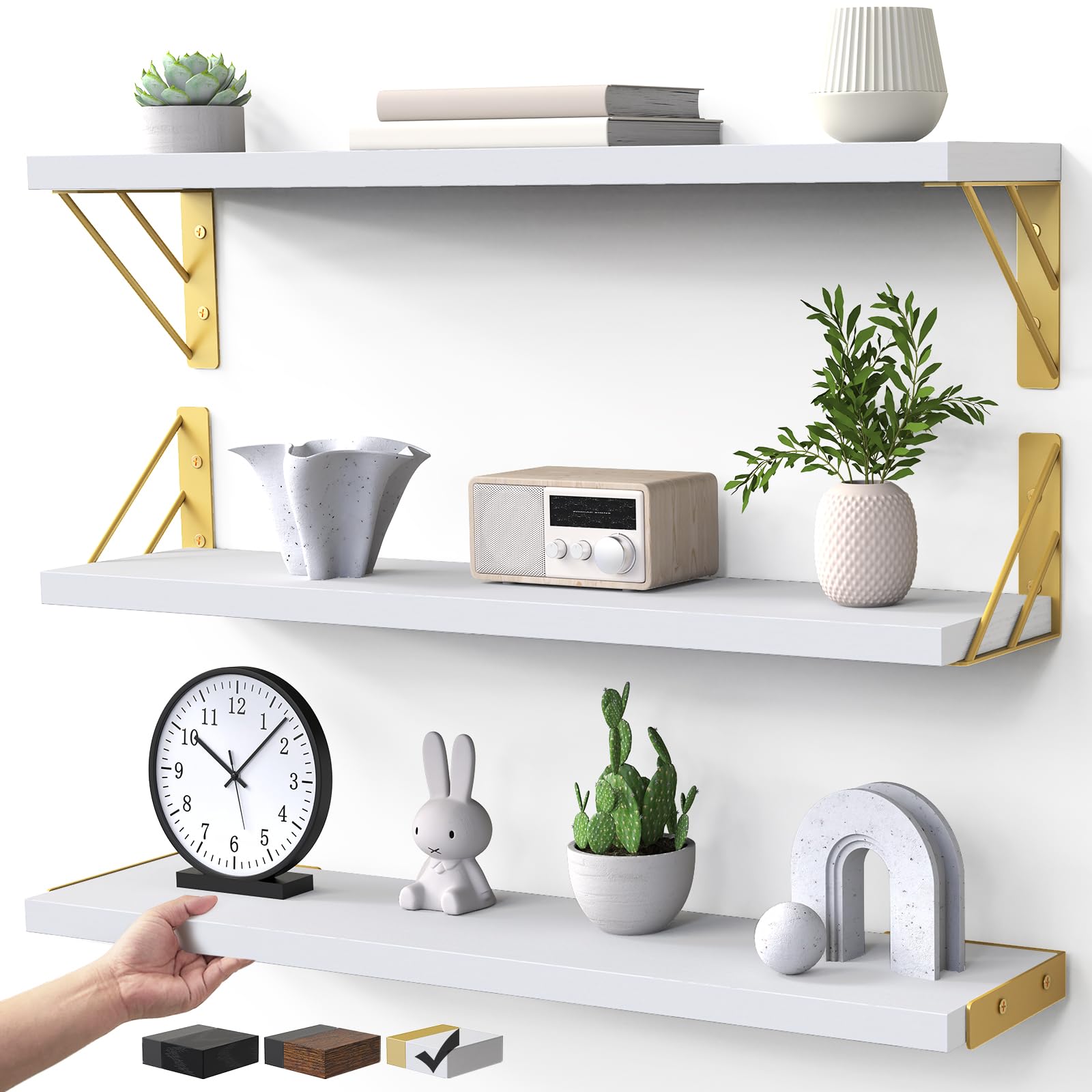 BAYKA Wall Shelves for Bedroom Decor, Floating Shelves for Living Room Kitchen Storage, Wall Mounted Rustic Wood Shelves for Kids Books,Corner Shelves for Bathroom(White and GoldÔºå23inÔºåSet of 3)