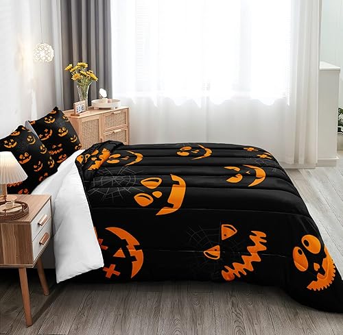 Miniatura 3 de Bedorm Juego de edredón de Halloween para niños, tamaño individual, juego de ropa de cama de fantasma negro para niños y niñas, calabaza naranja,