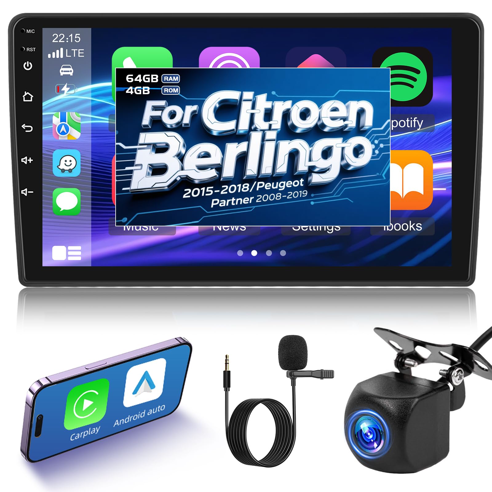 NHOPEEW 4+64G Radio Auto per Citroen Berlingo 2015-2018/Peugeot Partner 2008-2019 - Radio Android da 9 Pollici con Senza fili Carplay e Android Auto Schermo Diviso + Telecamera di Retromarcia
