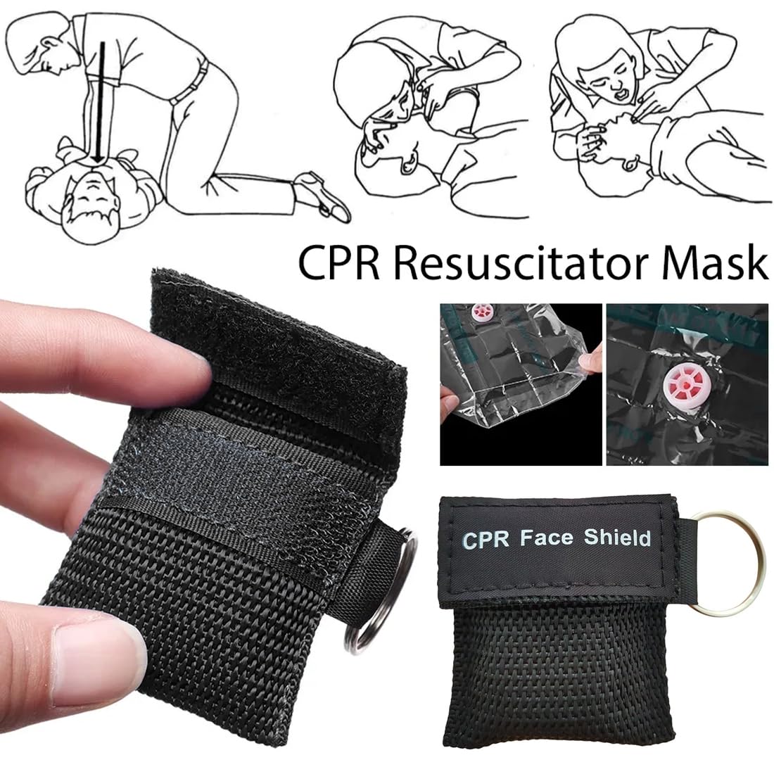 4 Pezzi Pocket Mask, Mascherine Di Respirazione Di Primo Soccorso, Maschera Di Respirazione Portachiavi Con Moschettone, Panno Di Ventilazione, Sacchetto Di Fiato,Pocket Mask Primo Soccorso(Nero)