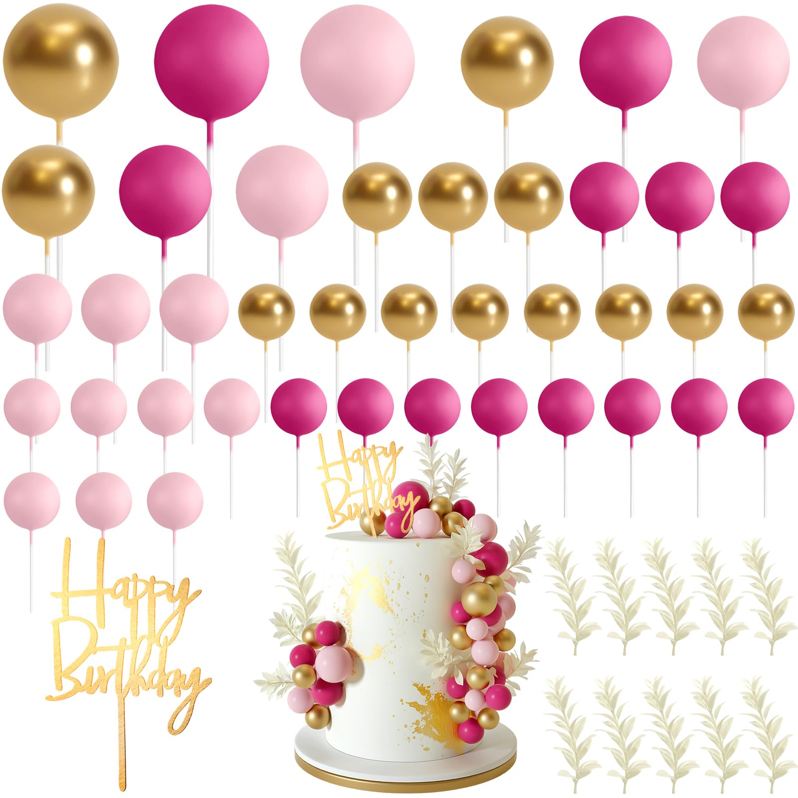 MIAHART Ball Cake Toppers Boho Grass Cake Topper Ball Cake Insert Decoration for Birthday Wedding Baby Shower Party Decorations Boho Themed Party Supplies（53pcs）