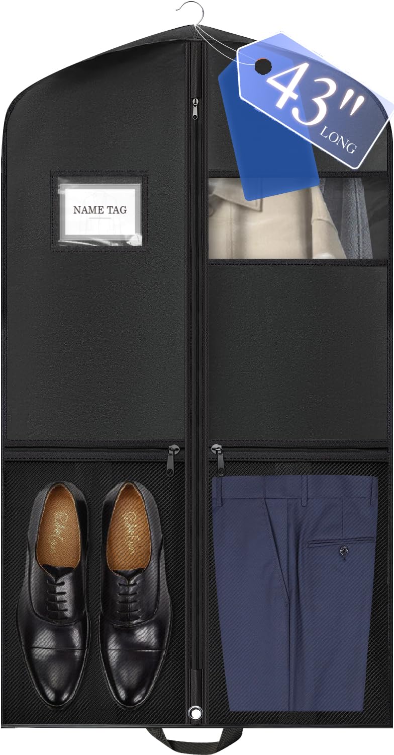 HOTORHeavy-Duty Travel Garment Bag - 43" Foldable & Dust-Proof Suit Bag for Hanging Clothes, Gowns, Coats, Shirts and Dresses