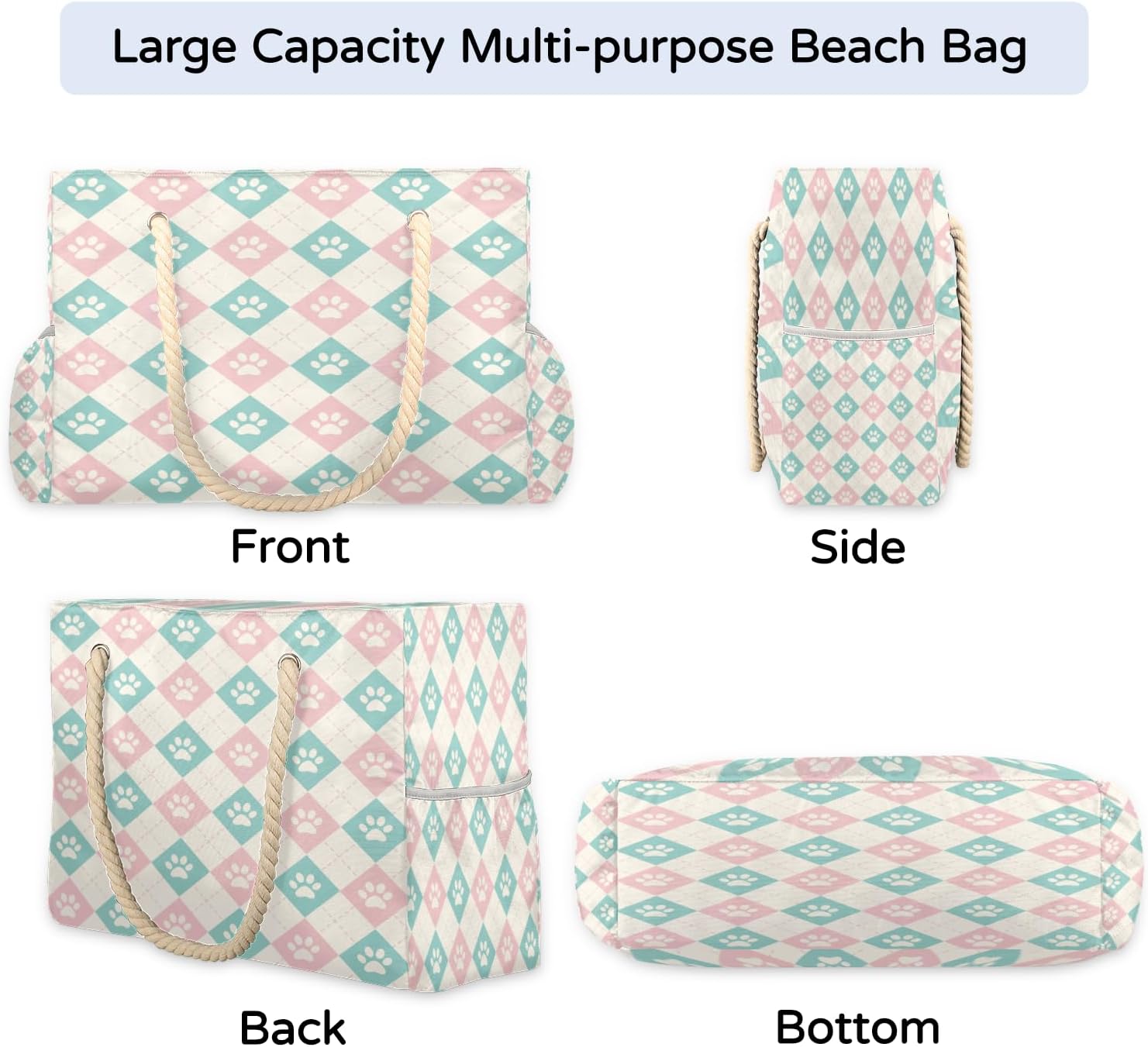 Grid Colourful Squares Dog Paws Beach Bag for Women Waterproof Sandproof Tote with Zipper Cotton Rope Handles for Travel Pool Gym Shopping