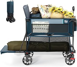 Timber Ridge 400L Large Capacity Folding Double Decker Wagon 450lbs Heavy Duty, 54" Extender, All-Terrain Wheels for Camping, Sports & Shopping Blue with Brake