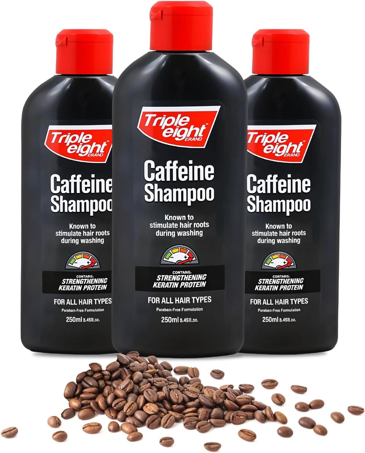 Triple Eight Caffeine Shampoo for All Hair Types | Stimulating Hair Root Formula, Promotes Hair Growth & Strength | 250ml, 3 Pack, Revitalizing Shampoo for Thinning Hair