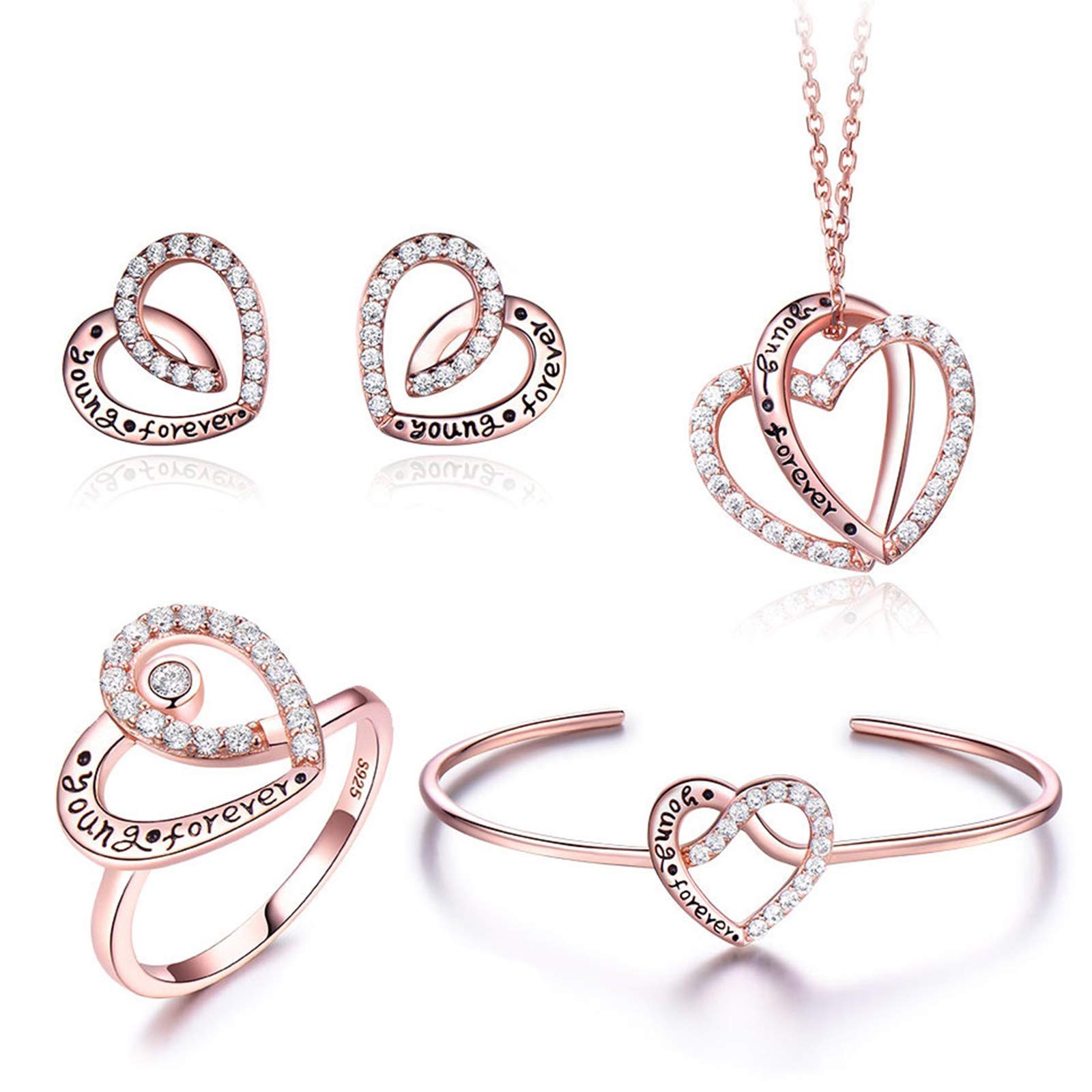 KnSam Damen Ring, Kette Damen 925 Sterling Silber Herz Hochzeit Schmuckset Aus 925 Silber Für Damen Frau Mit Zirkonia Rose Gold