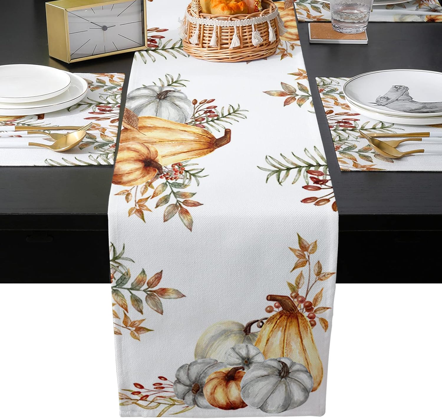 Burlap Table Runner 90 Inch Long with Placemat Set of 6, Thanksgiving Table Runner