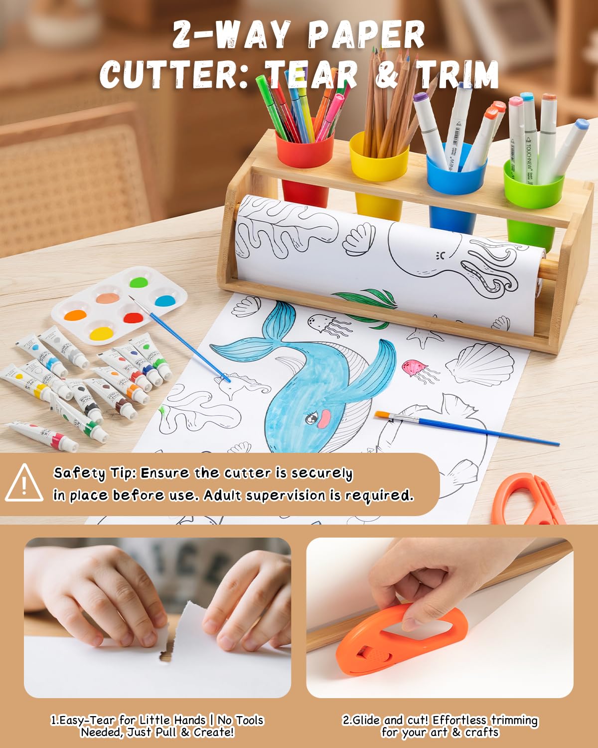 Distributeur de rouleaux de papier pour enfants – Chevalet de table en bambou avec rouleaux de papier vierges et à motifs, 12 pigments, outils de dessin, gobelets à stylos – Station d'artisanat pour