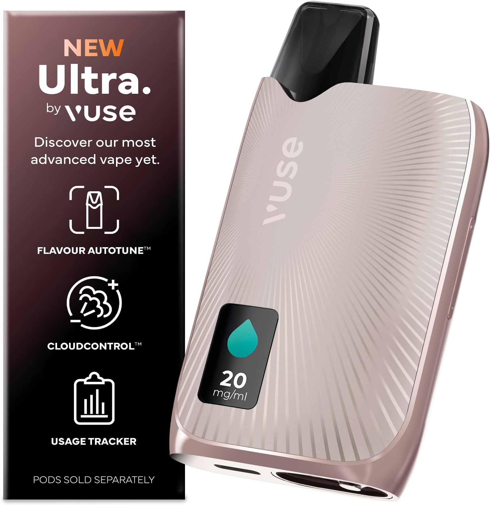 Ultra – Smart Vape with LED Display, Premium E-Cigarette Pod System, Flavour AutoTune, Cloud Control & MyVuse App for a Personalised Vaping Experience, Rose Gold