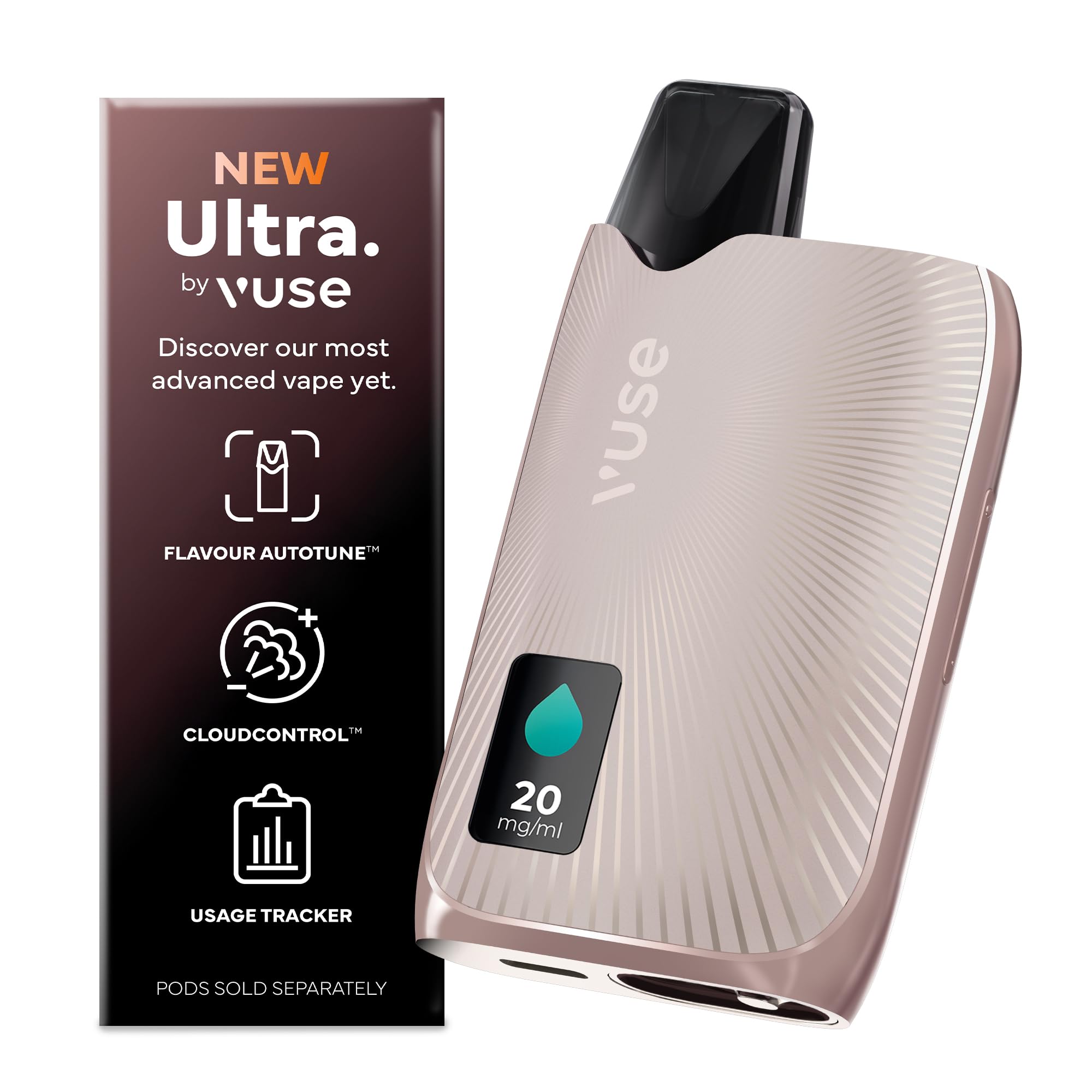 Ultra – Smart Vape with LED Display, Premium E-Cigarette Pod System, Flavour AutoTune, Cloud Control & MyVuse App for a Personalised Vaping Experience, Rose Gold