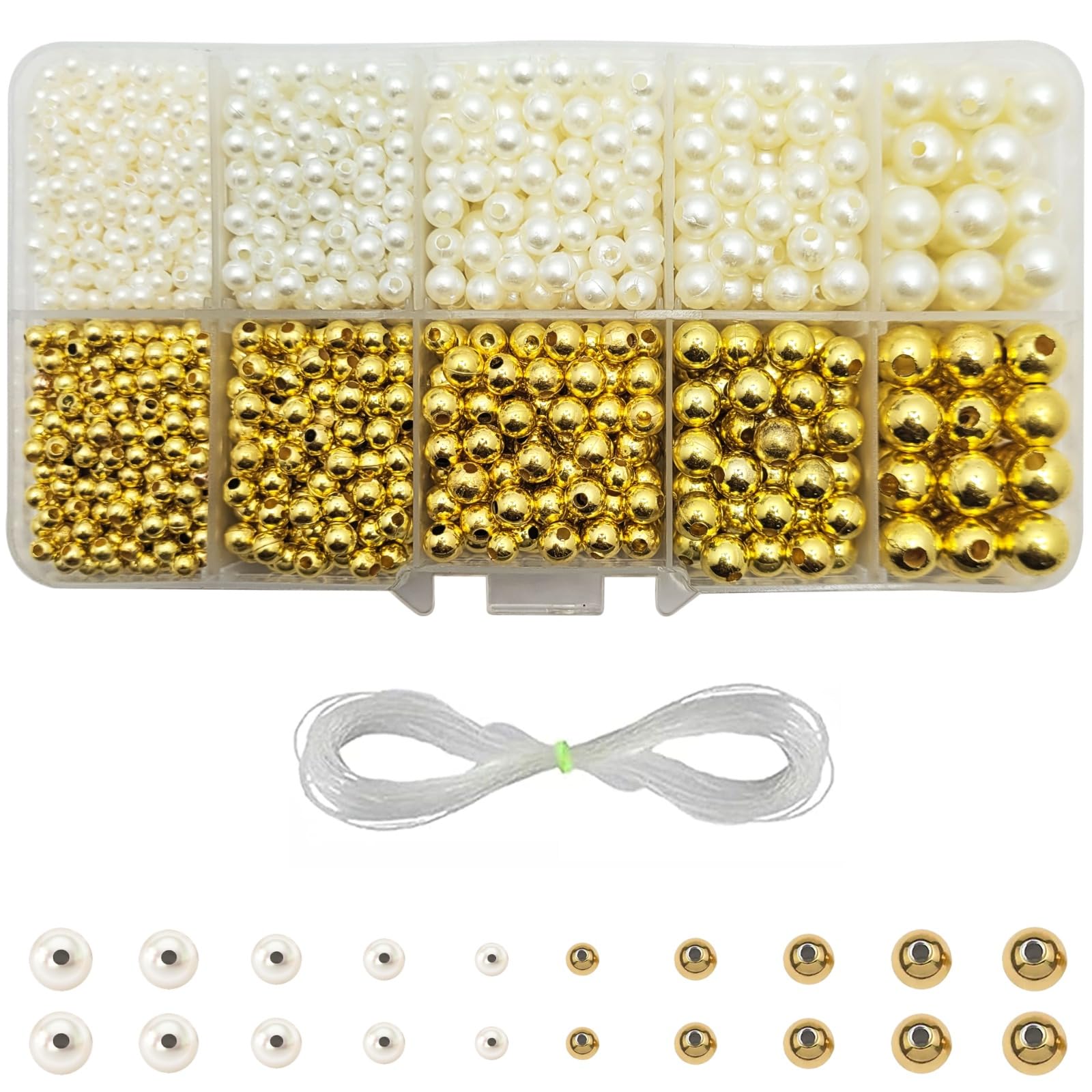 RelicMani Pearl Moti Beads Kit | Beads for Jewellery Making & Craft | Rectangle Organizer Box with 3-8mm Pearls for Aari Work, Rakhi, DIY Projects (Offwite Gold)-image-13