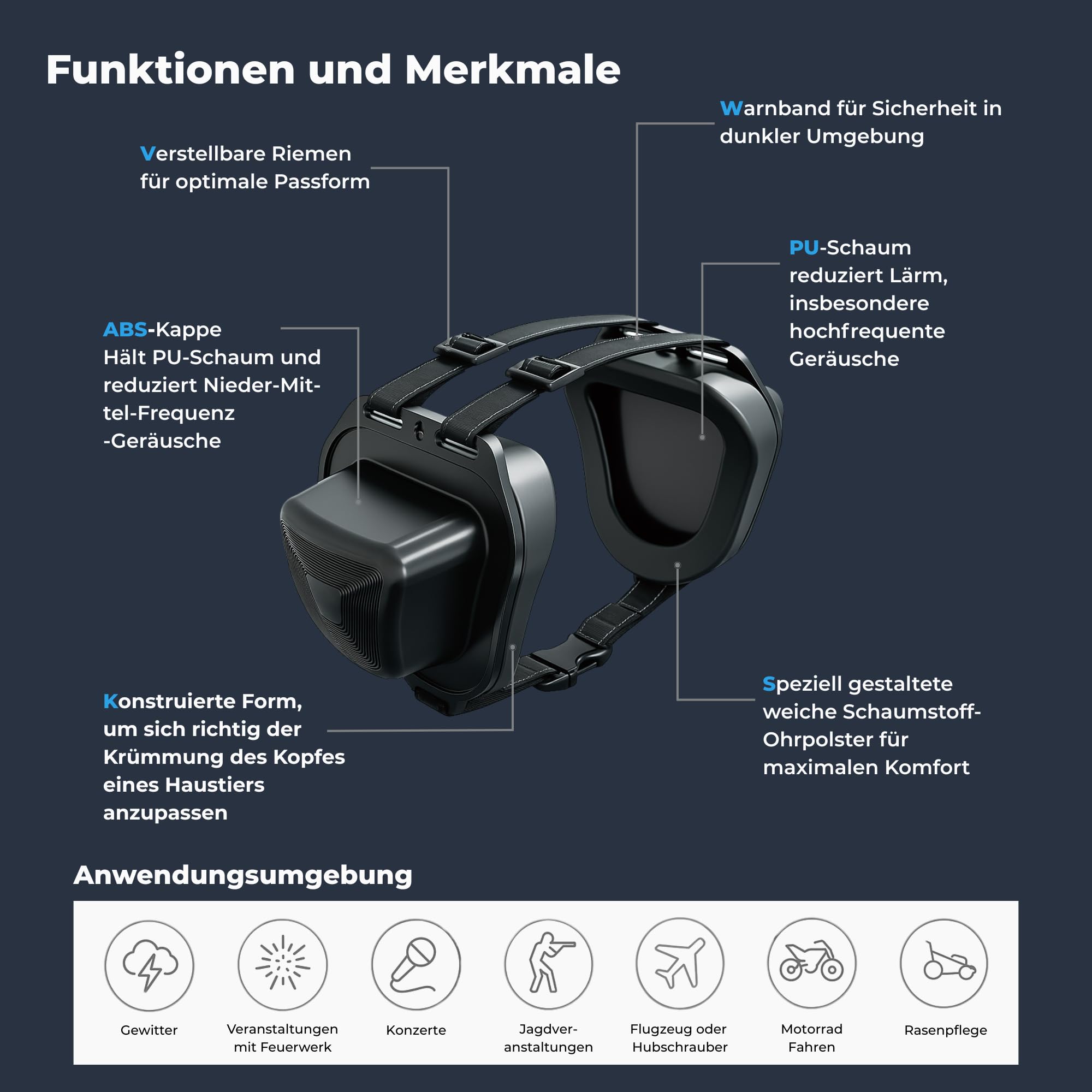 BOLLSEN Dog+ Gehörschutz für Hunde | Verstellbarer Ohrenschutz & Lärmschutz für alle Hunderassen, reduziert Geräusche um ca. 27 dB – ideal bei Silvester, Gewitter & Arbeit (M)
