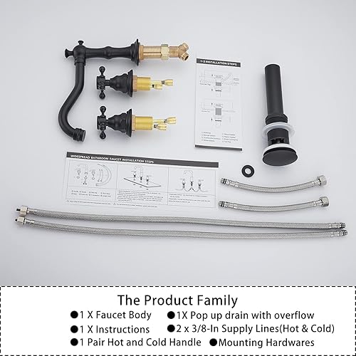 Miniatura 9 de GGStudy - Grifo mezclador de 2 manijas para lavabo de tres agujeros, para lavabo de baño extendido de 8 a 16 pulgadas, con desagüe de metal que se