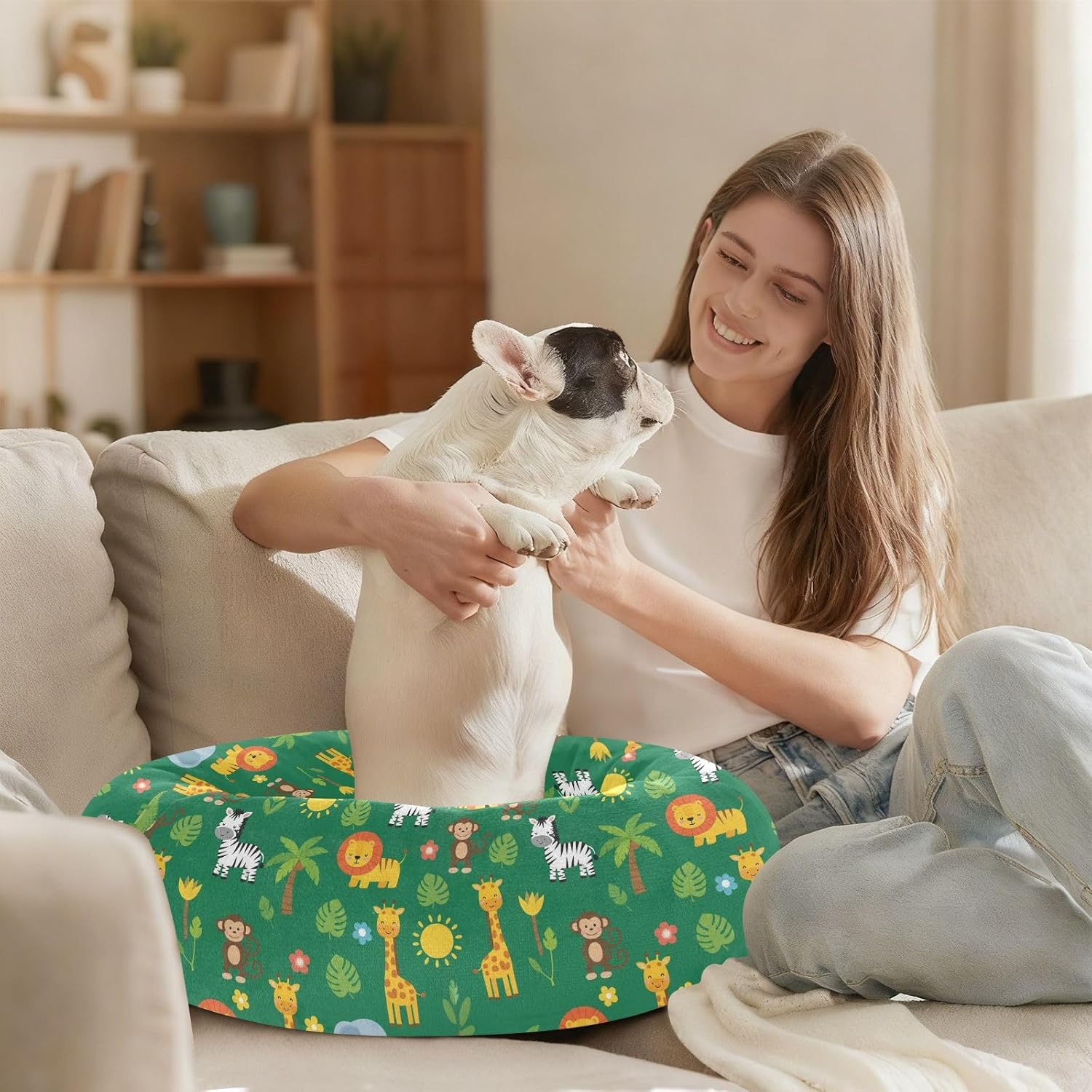 Jungle Animals Green Pattern Dog Bed Plush Small Medium Dog Cat Bed Washable Donut Pet Puppy Beds for Small Medium Dogs Cats,M