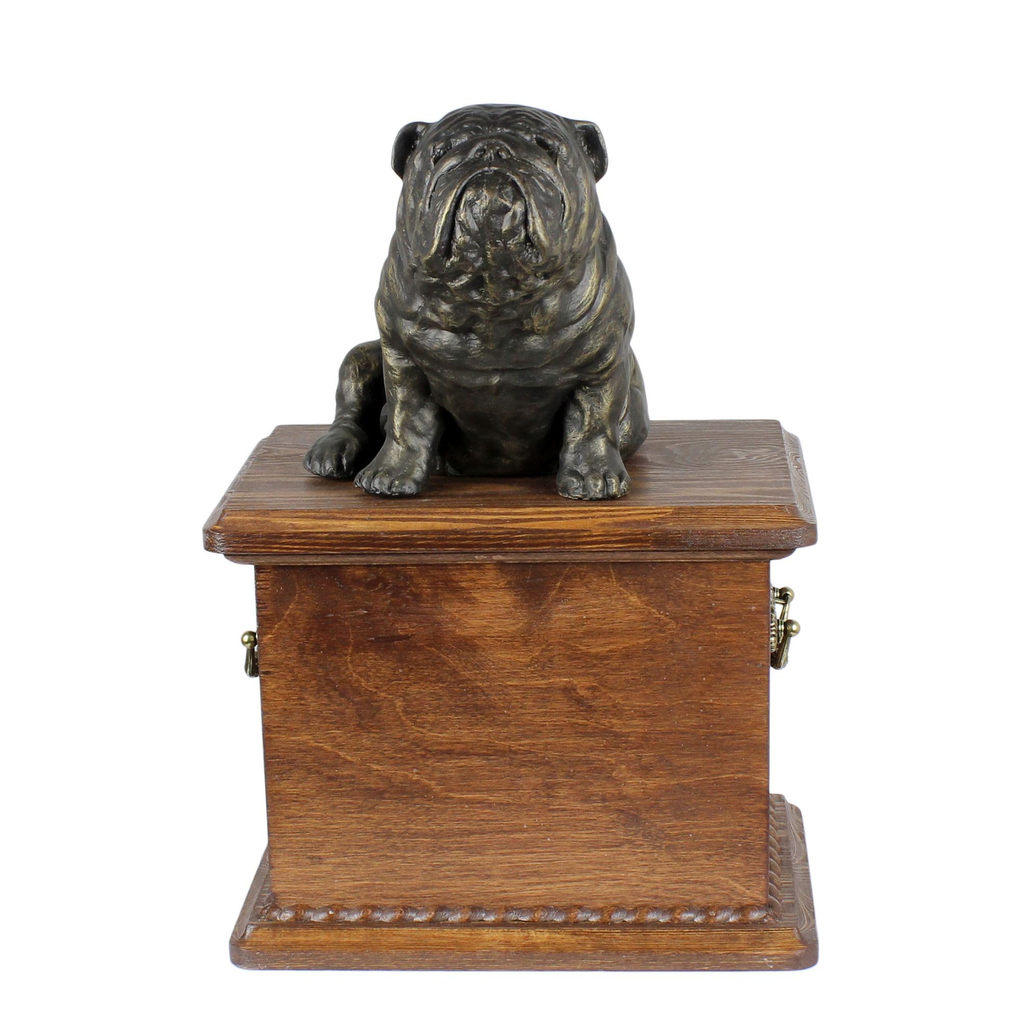Art-Dog Urn for Dog Ashes - Handmade Memorial with Cold Cast Bronze Statue – Custom Pet Memorial Urn for Pet's Name, Dates, and Sculpture – 8.3x11.4x8.7” – English Bulldog I