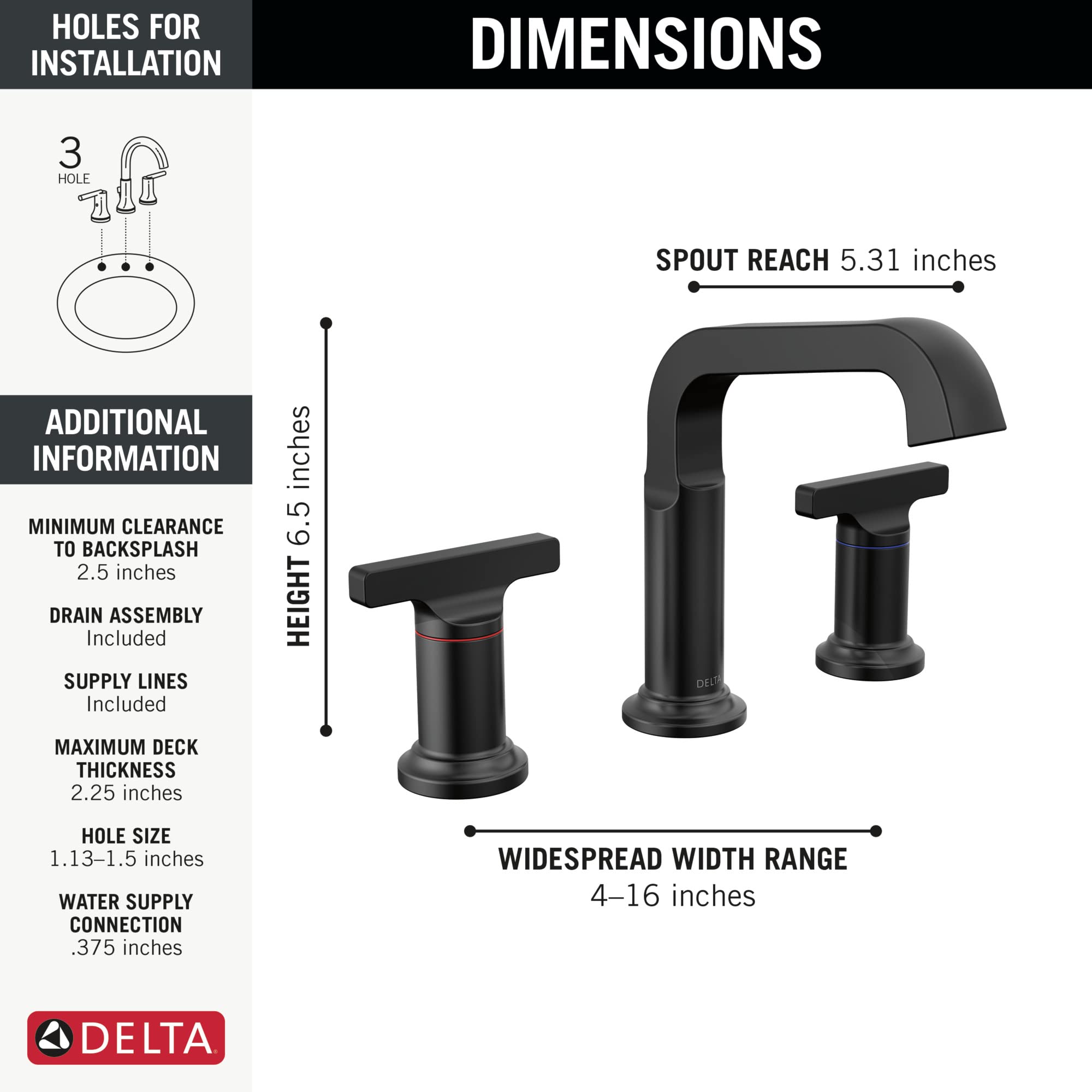 Delta Tetra Matte Black Bathroom Faucet 3 Hole, 8 Inch Widespread