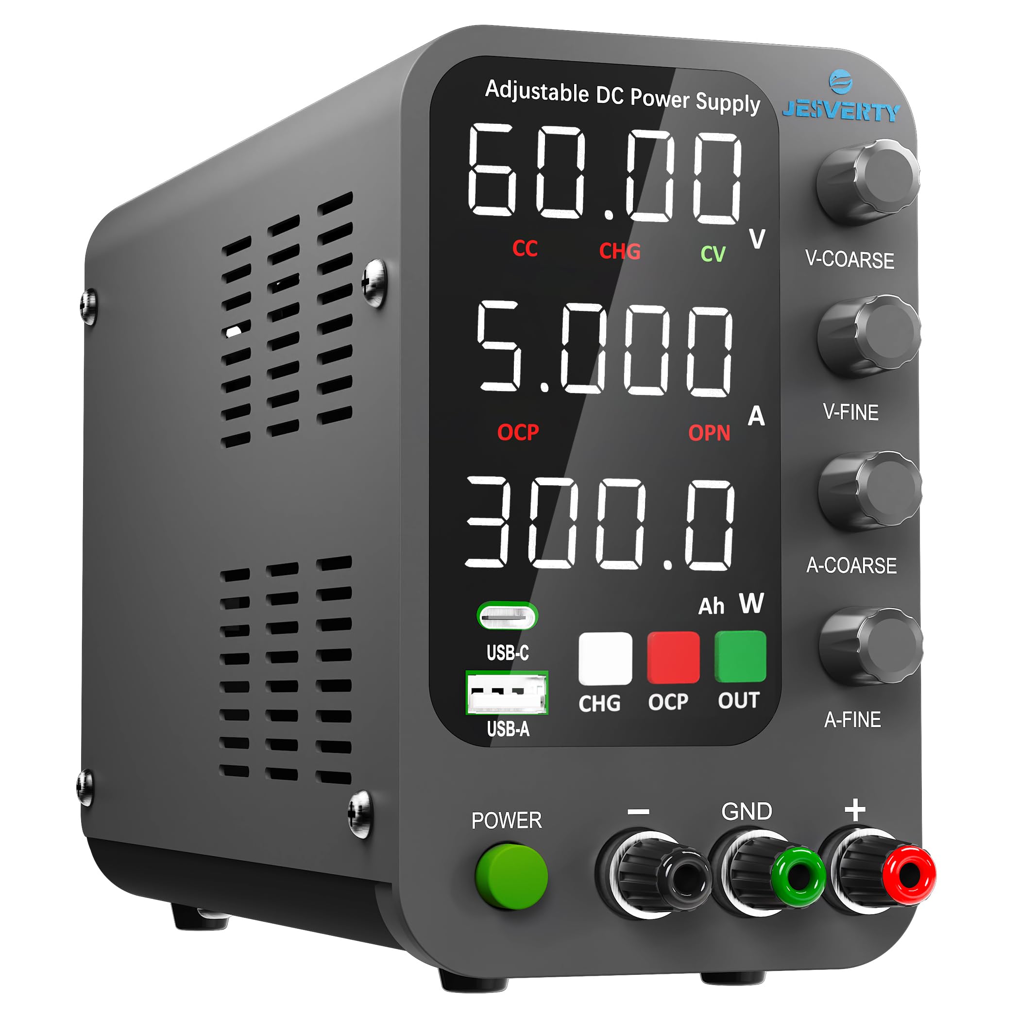 Jesverty DC Power Supply Variable, 0-60V 0-5A Switching Bench Power Supply with Intelligent Charging Mode, 20W USB & Type-C Quick-Charge, Encoder Knob