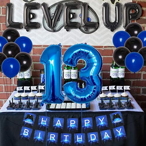 Miniatura 4 de Decoraciones de videojuego de cumpleaños número 13 para niños, suministros de fiesta de cumpleaños, pancarta azul para juegos de feliz cumpleaños,