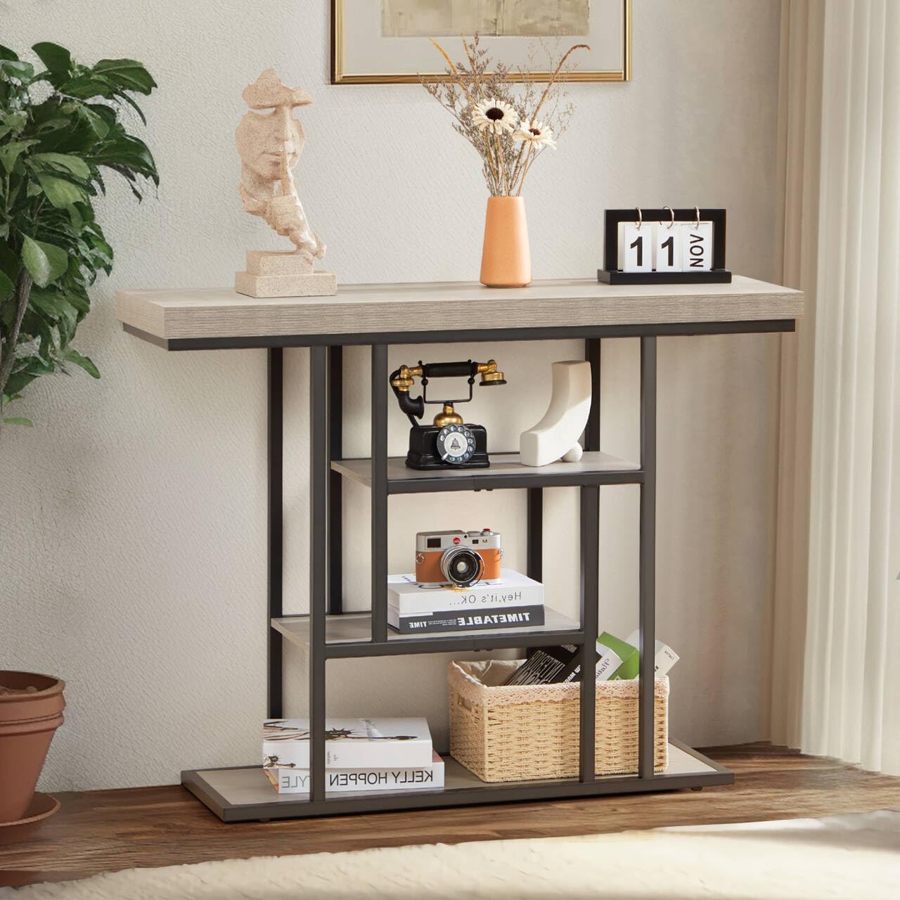 HABUTWAY 42" Industrial Console Table, Narrow 4-Tier Wood Entryway Table for Living Room, Accent Tables Living Room, Hallway Table, Sofa Table for