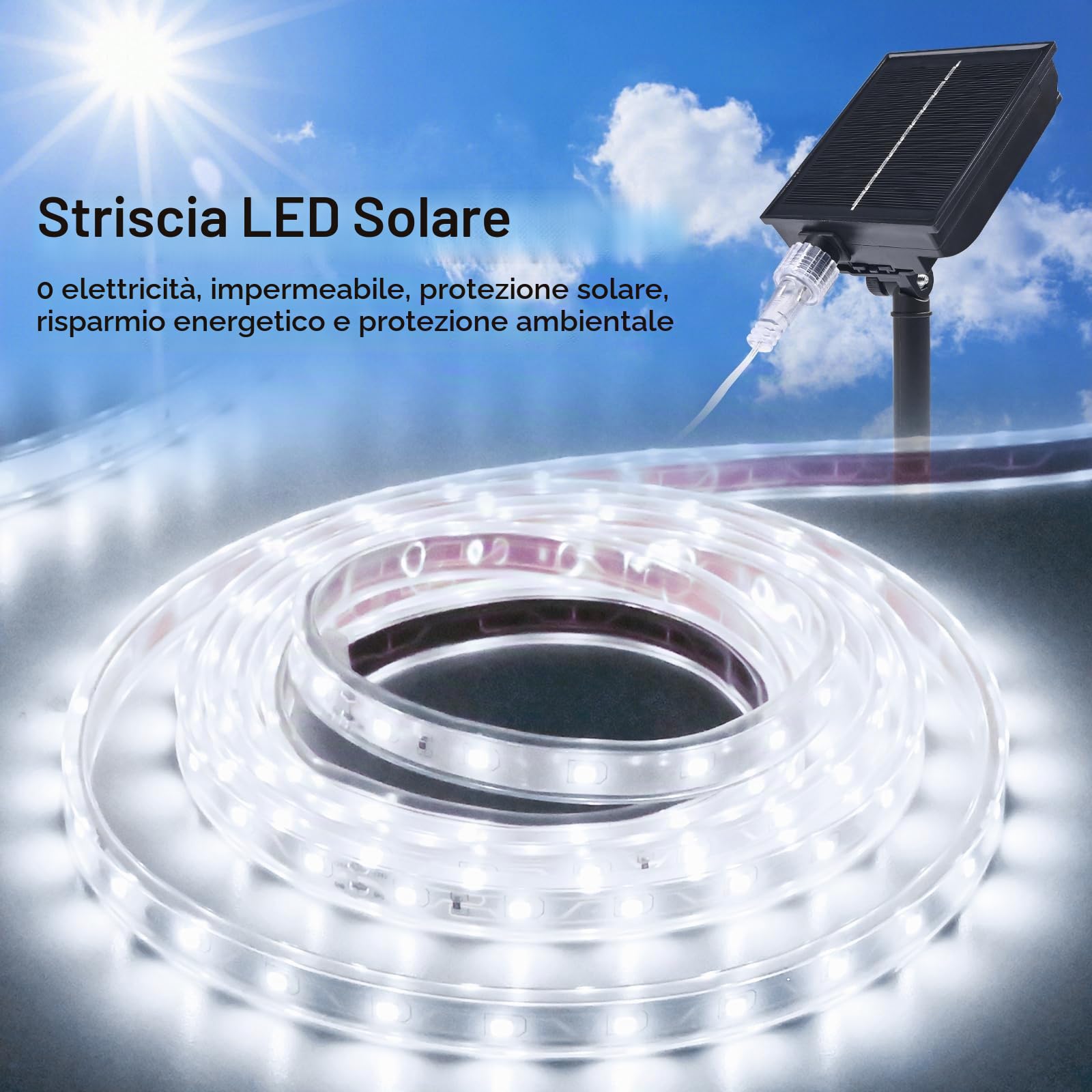 Striscia di luci a energia solare, 10 m, bianco freddo, 560 LED, per esterni, con telecomando, timer, copertura del tubo in PVC, striscia impermeabile per camera da letto, giardino, patio