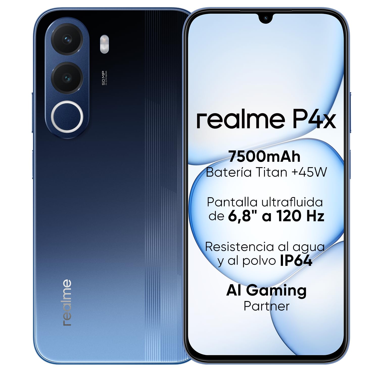 Smartphone realme P4X 4G, 4GB+256GB, Pantalla LCD 120Hz 6,8″, Batería Titan 7500mAh, Carga rápida 45W, Carga inversa 6W, Antichoque MIL-STD 810H, IP64, Sistema Next IA, Azul Fantasma (Sin Cargador)