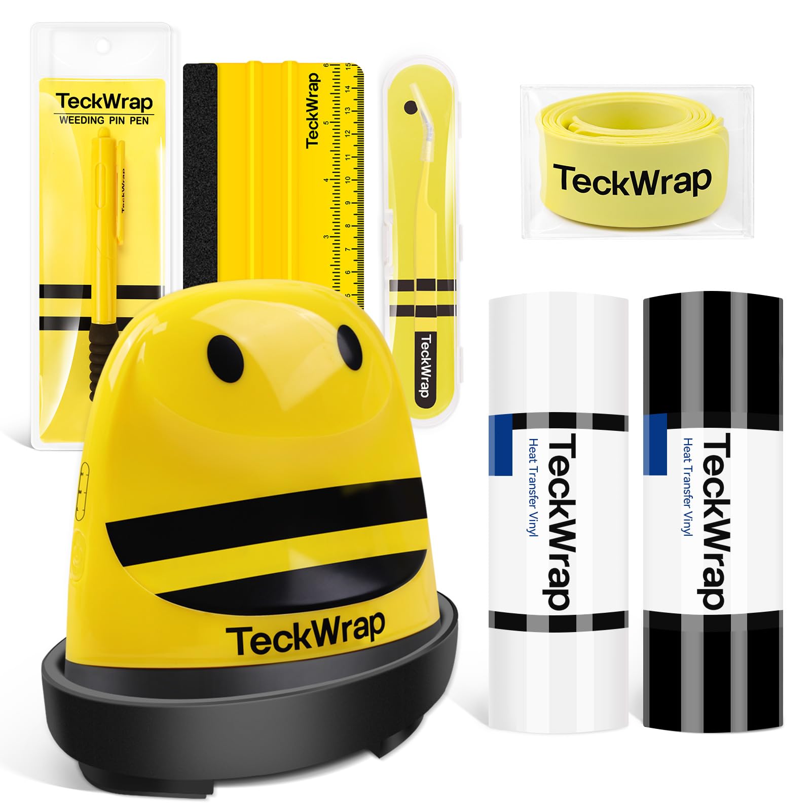 Kit de minimáquina de prensado térmico TECKWRAP para manualidades con vinilo, rollos de vinilo HTV blanco y negro, espátula, pinzas, bolígrafo de extracción, pulseras de bofetada, herramientas HTV completas para camisetas, sombreros y bolsos.