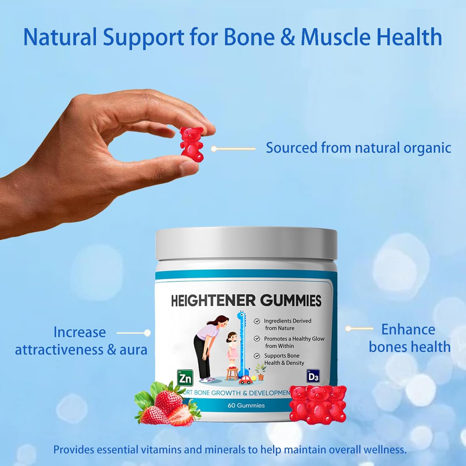 Heightener Gummies, Natural Height Growth Supplement for Teens and Adults, Increase Bone Strength with Calcium & Zinc, Vitamin C, D, L-Arginine, 60 Gummy (1PCS)