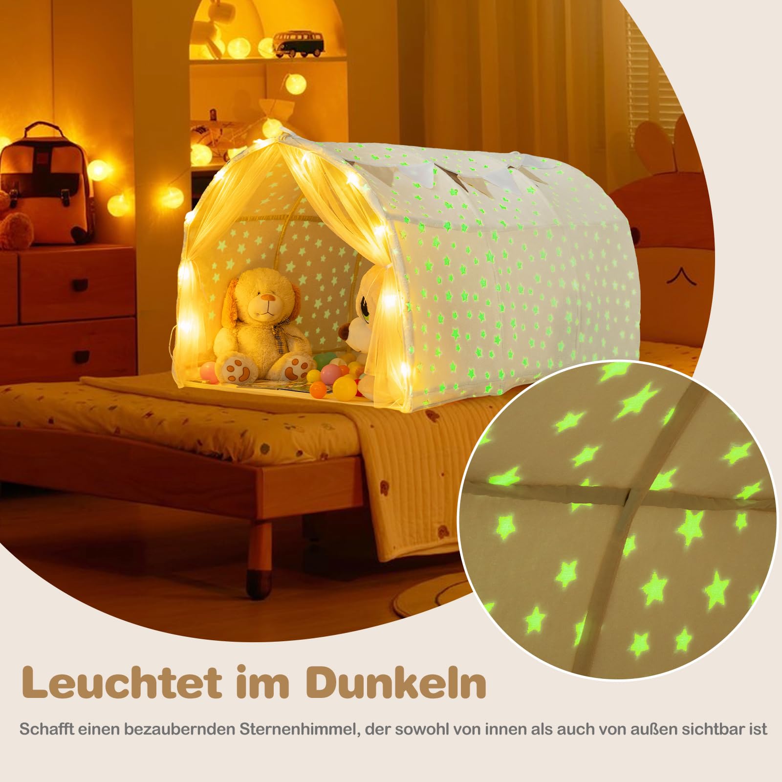 COSTWAY Kinderzelt, Spielzelt mit Leuchtsternen, Netzvorhängen, Lichterkette & Wimpeln, Kinder höhle, Spieltunnel Kinderzimmer, Spielhaus Indoor & Outdoor für Jungen & Mädchen